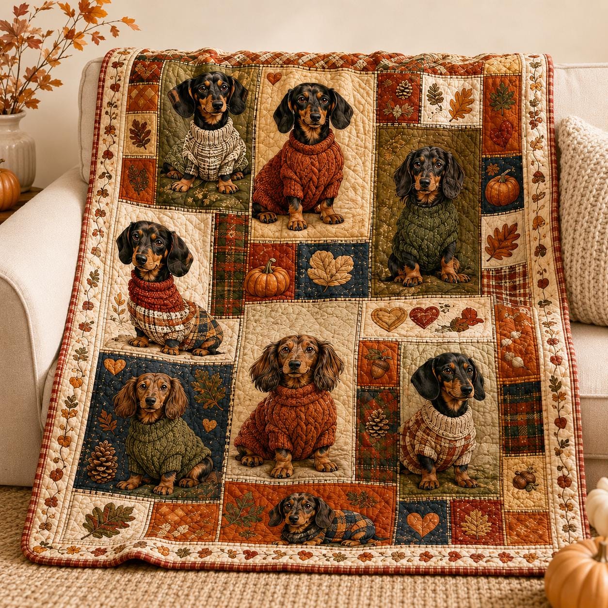 Dogs Quilt Style Blanket with Dog Lover Bedding and Dachshund Rustic Gifts Gift Home Decor Adorable Wiener - photo 2