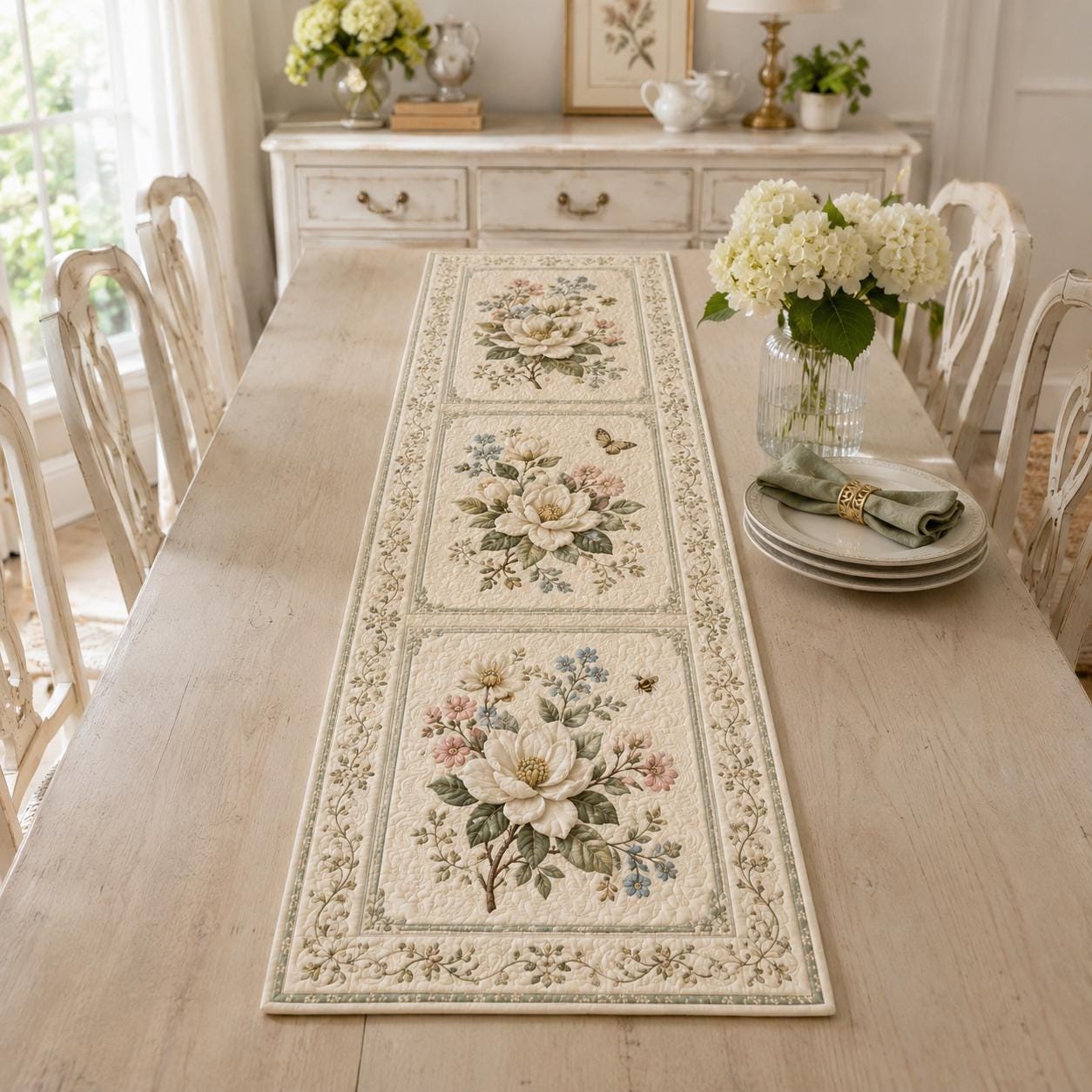 Elegant Botanical White Floral Magnolia Style Table Runner, Spring Dining Table Accent and Farmhouse Decor