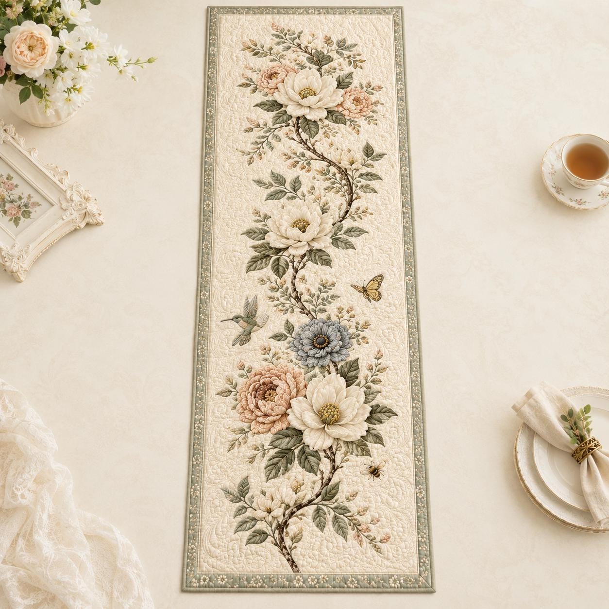 Elegant Botanical White Floral Magnolia Style Table Runner, Spring Dining Table Accent and Farmhouse Decor - photo 2