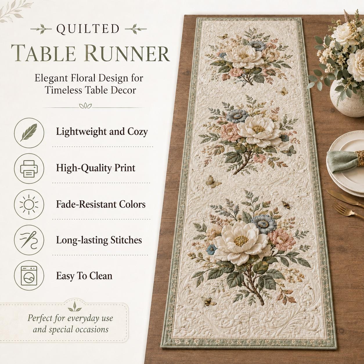 Elegant Botanical White Floral Magnolia Style Table Runner, Spring Dining Table Accent and Farmhouse Decor - photo 6