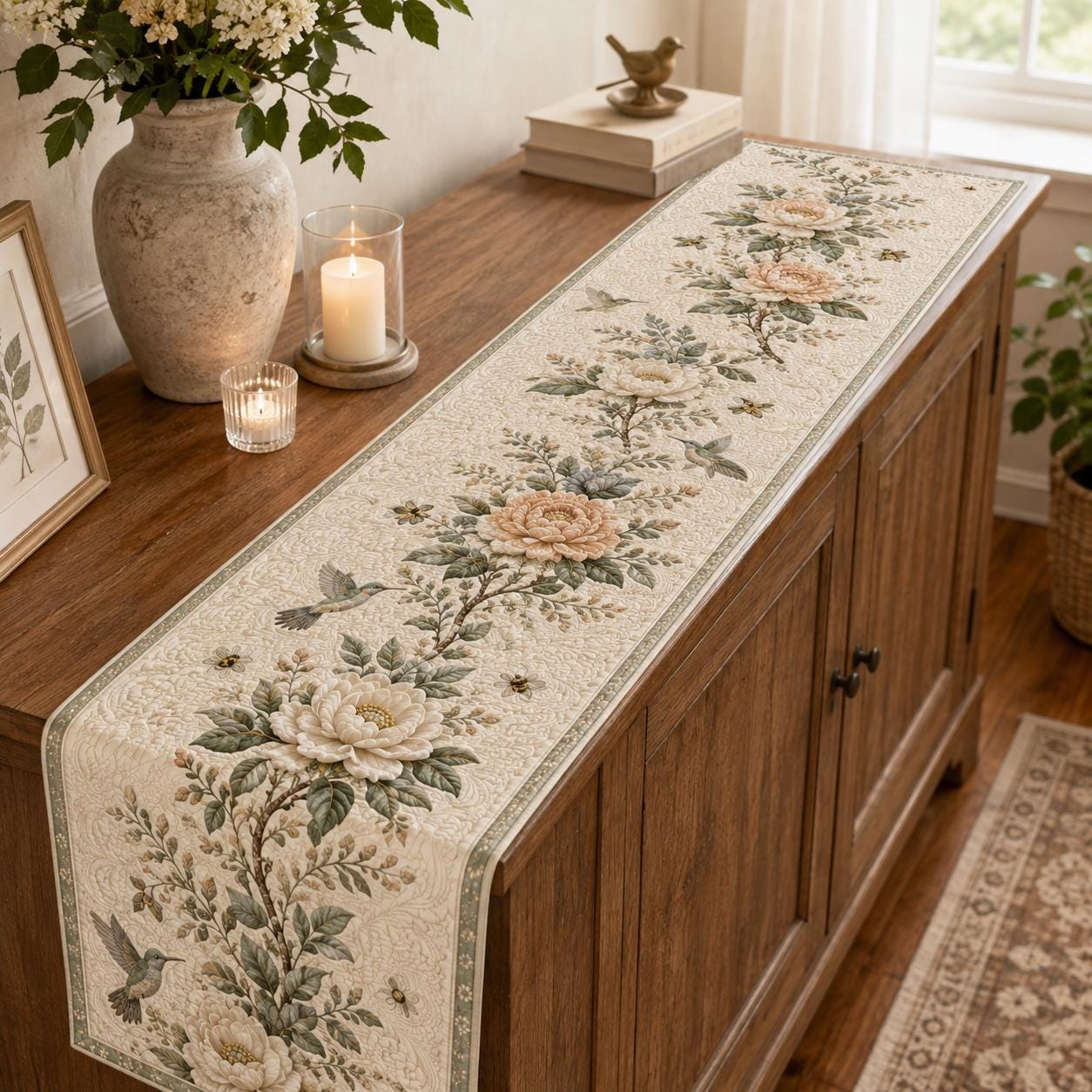 Elegant Botanical White Floral Magnolia Style Table Runner, Spring Dining Table Accent and Farmhouse Decor - photo 7
