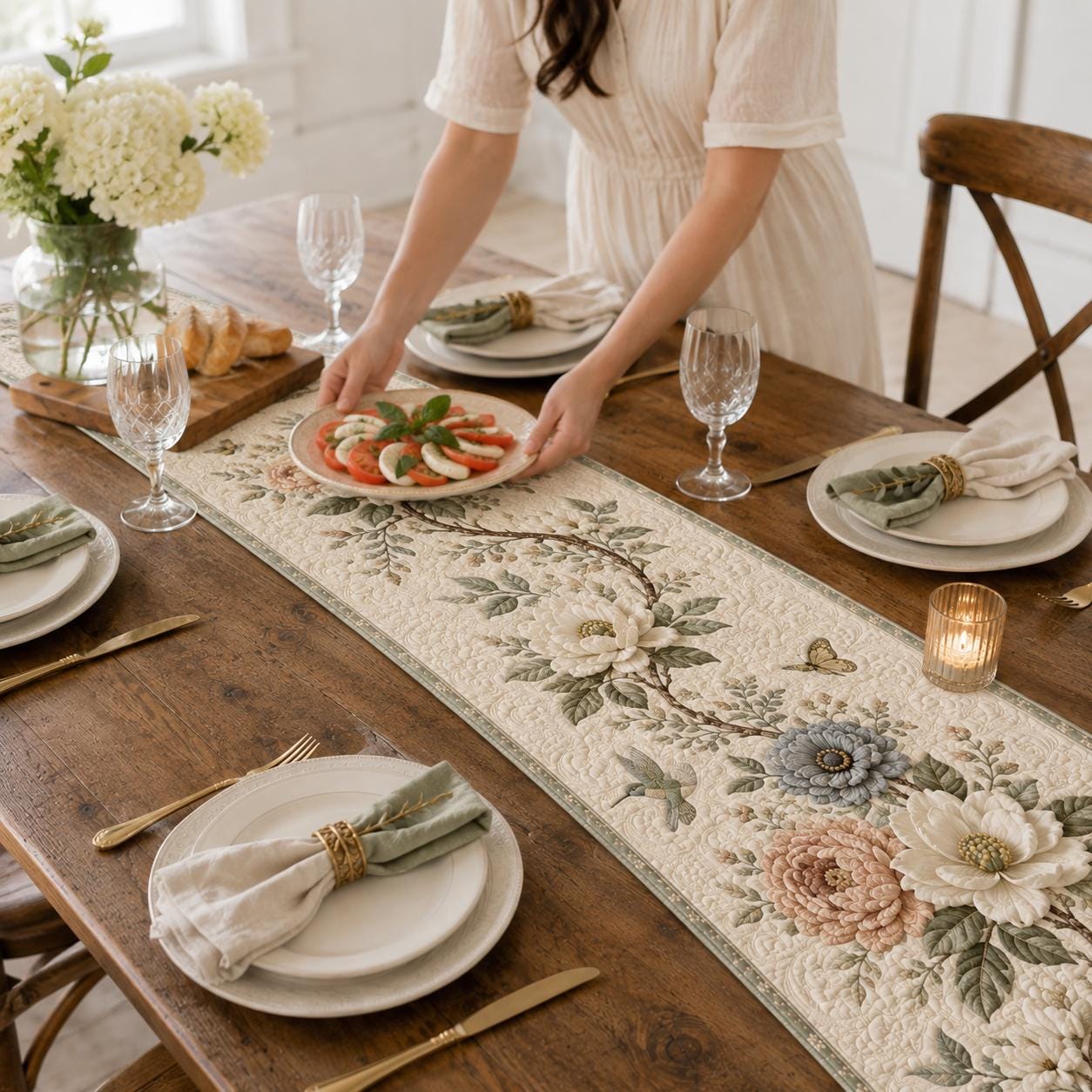 Elegant Botanical White Floral Magnolia Style Table Runner, Spring Dining Table Accent and Farmhouse Decor - photo 8