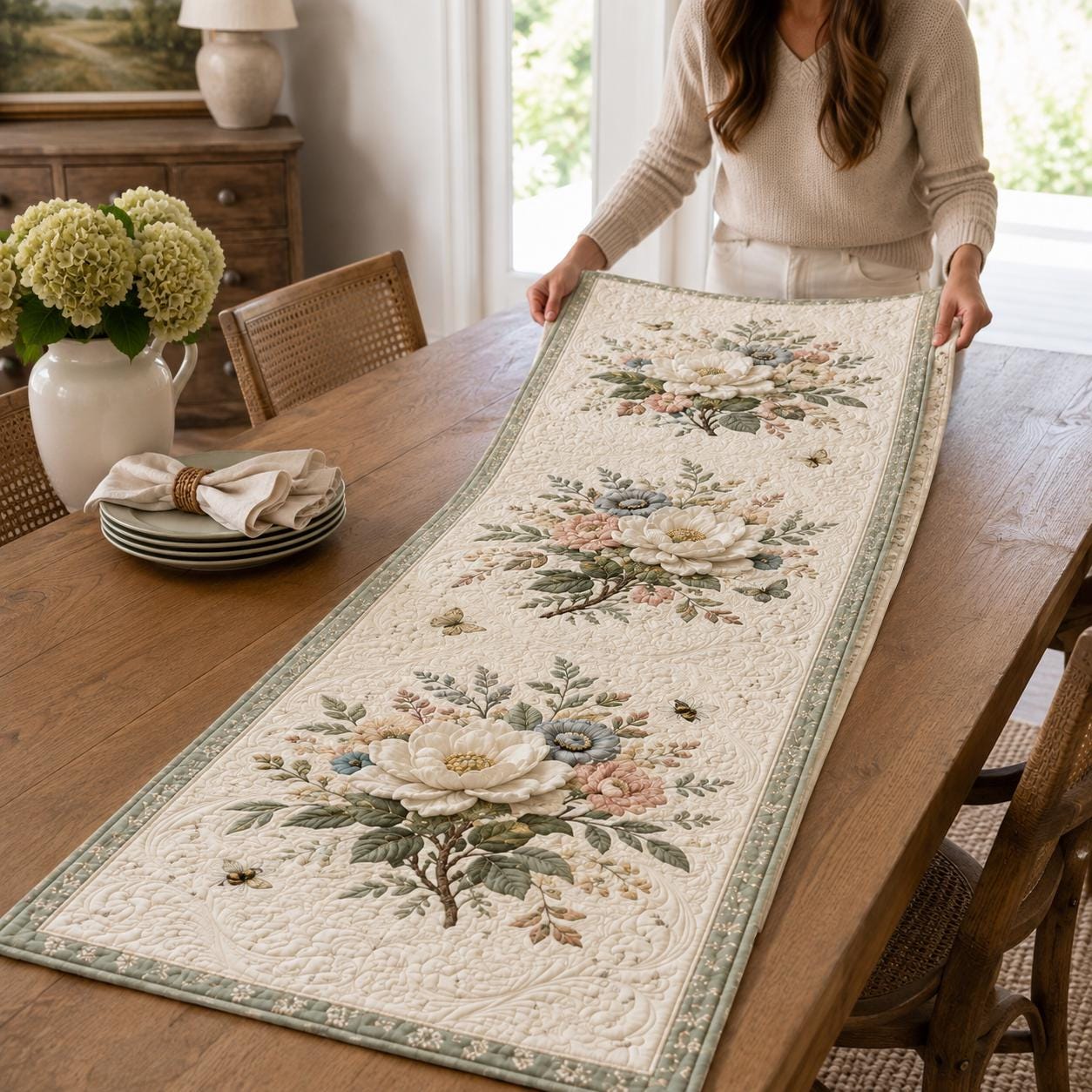 Elegant Botanical White Floral Magnolia Style Table Runner, Spring Dining Table Accent and Farmhouse Decor - photo 9