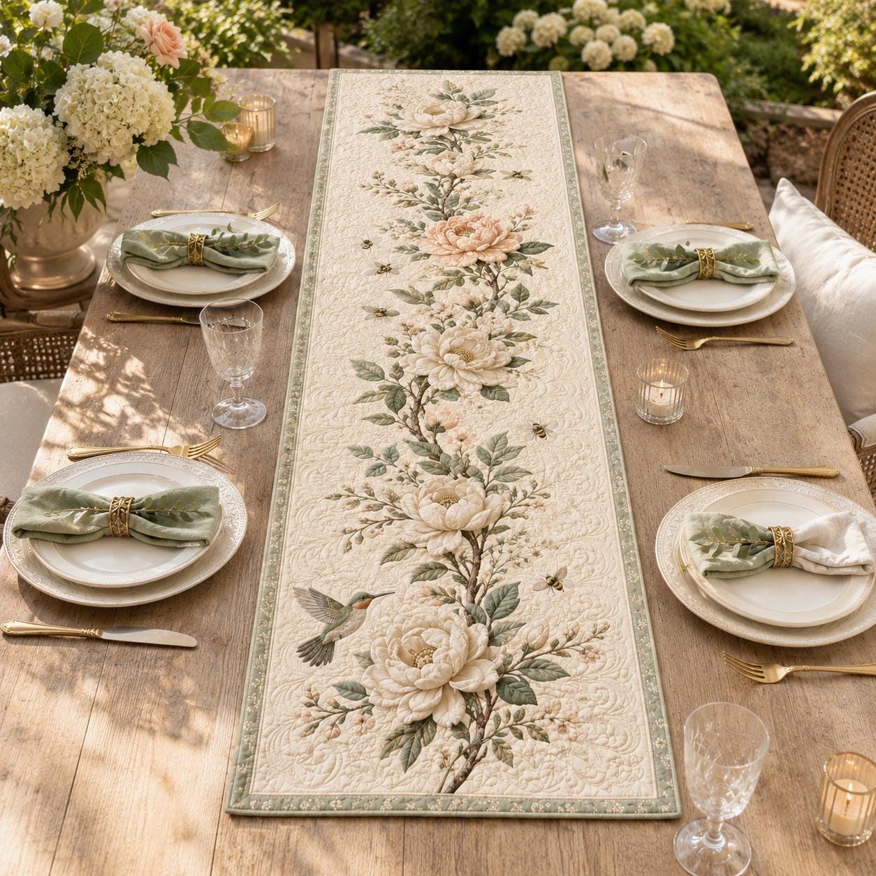 Elegant Botanical White Floral Magnolia Style Table Runner, Spring Dining Table Accent and Farmhouse Decor - photo 10