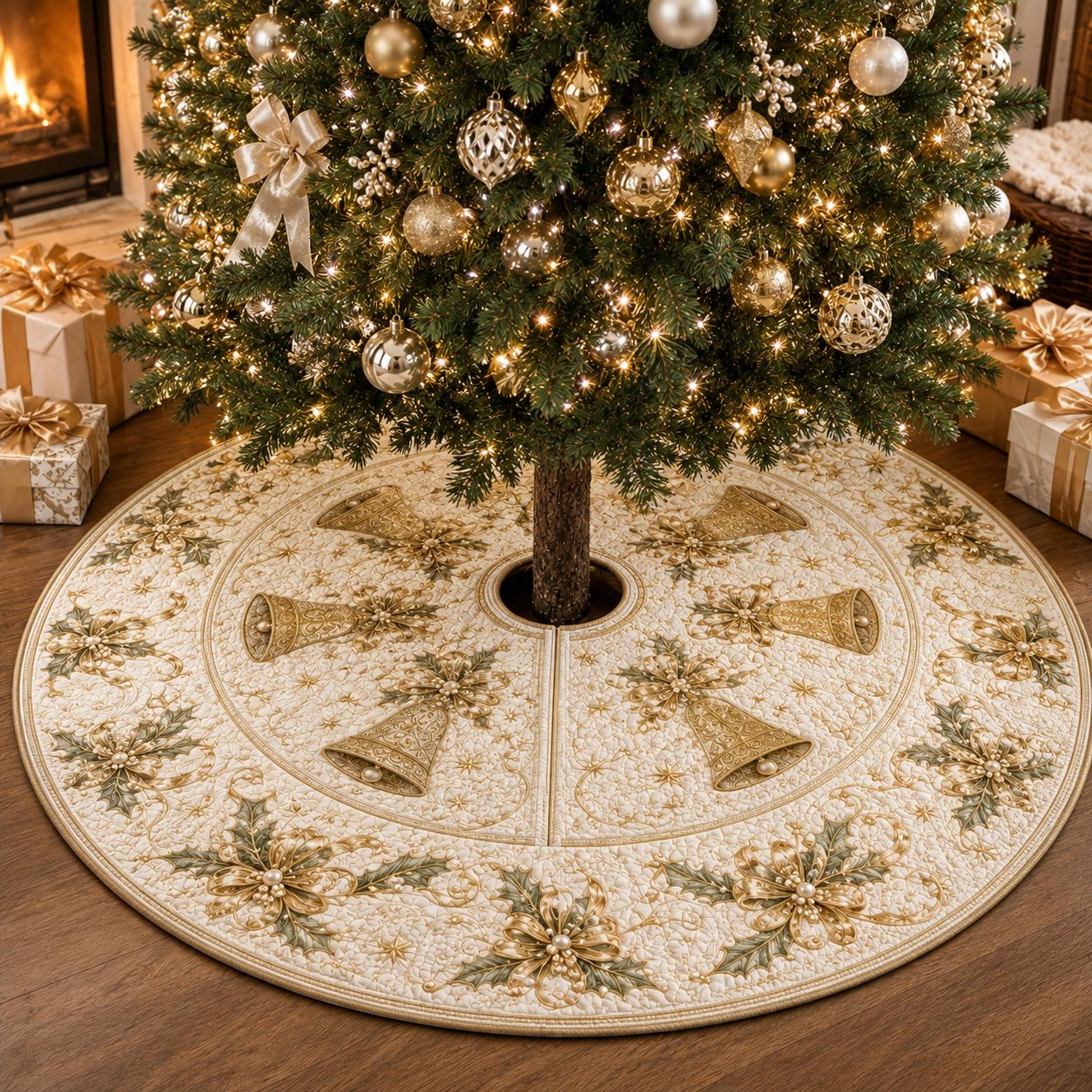 Luxury Golden Bells Quilted Style Christmas Tree Skirt and Base Cover – Elegant Victorian Holiday Decor with Gold Poinsettia