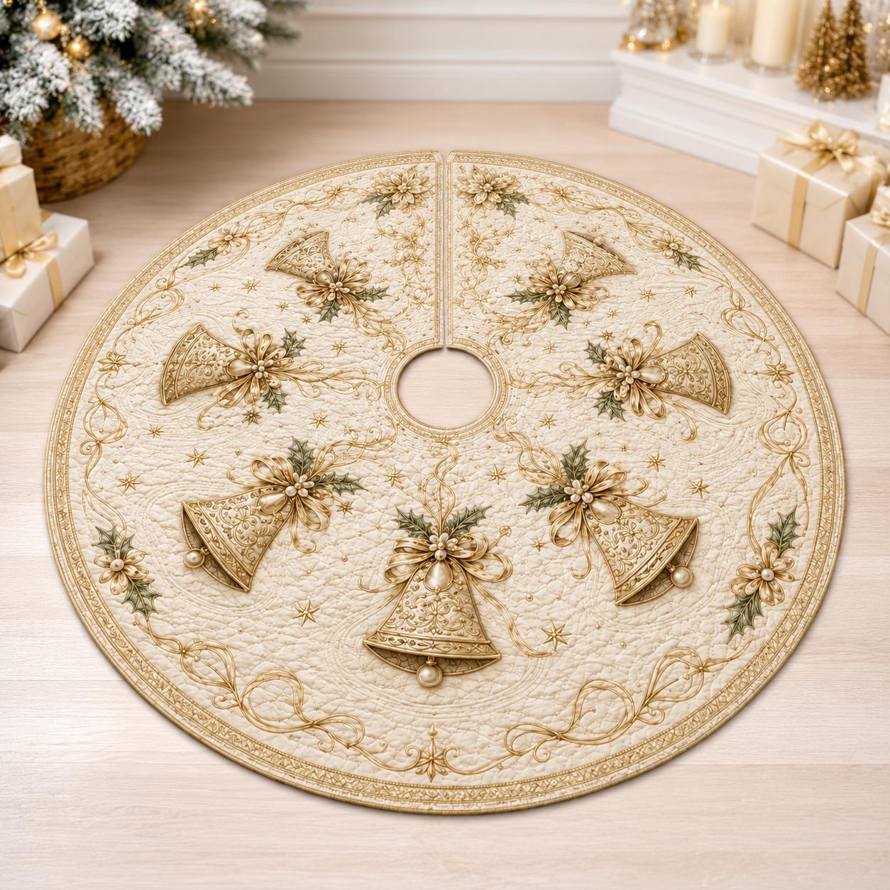 Luxury Golden Bells Quilted Style Christmas Tree Skirt and Base Cover – Elegant Victorian Holiday Decor with Gold Poinsettia - photo 2