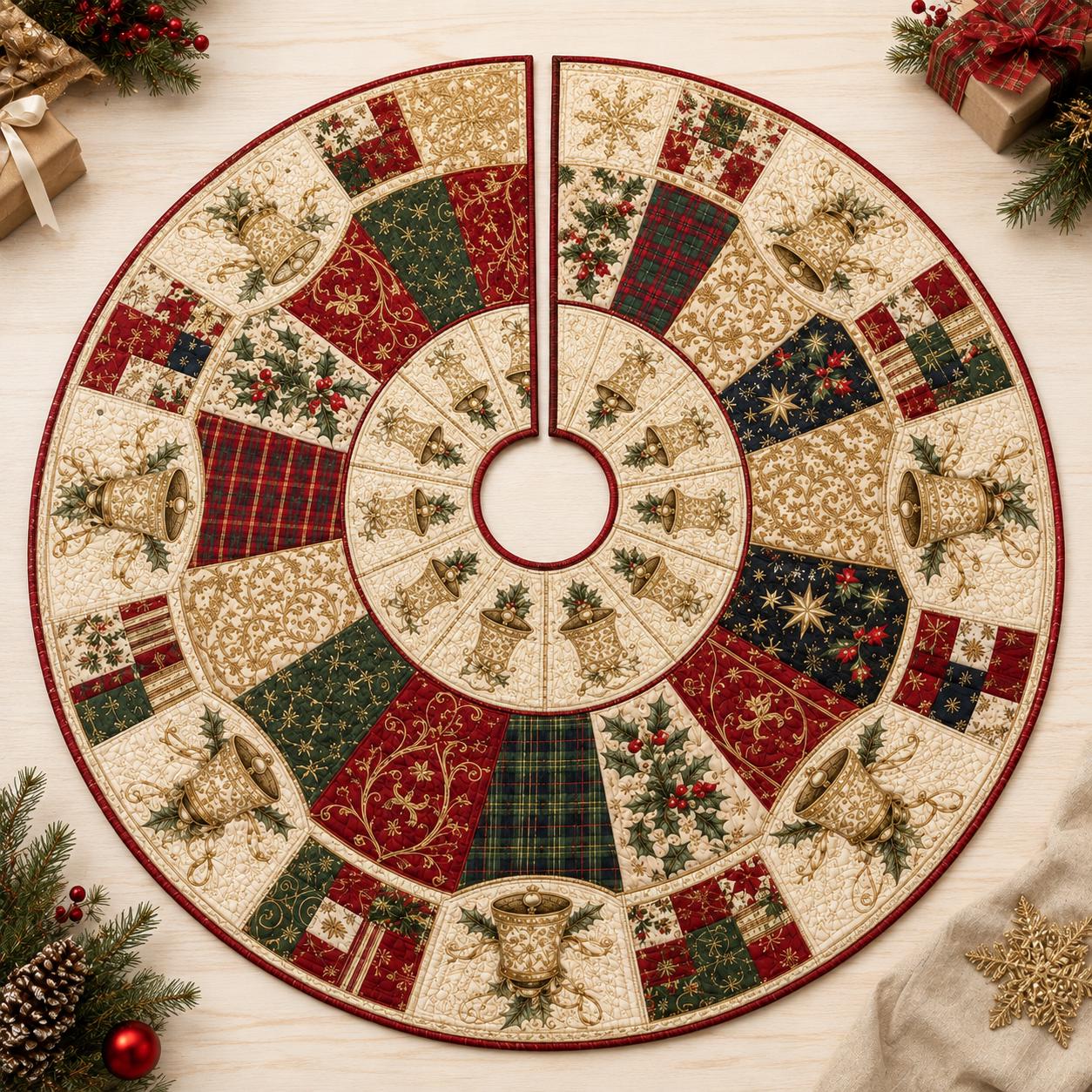 Luxury Golden Bells Quilted Style Christmas Tree Skirt and Base Cover – Elegant Victorian Holiday Decor with Gold Poinsettia - photo 3