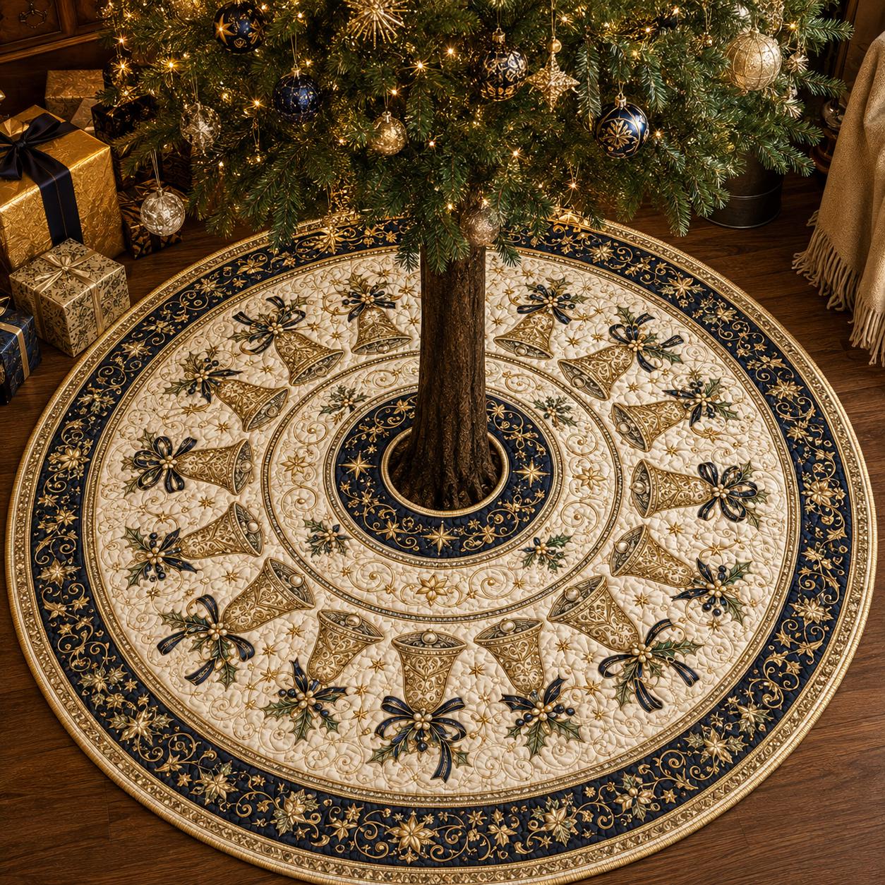Luxury Golden Bells Quilted Style Christmas Tree Skirt and Base Cover – Elegant Victorian Holiday Decor with Gold Poinsettia - photo 4