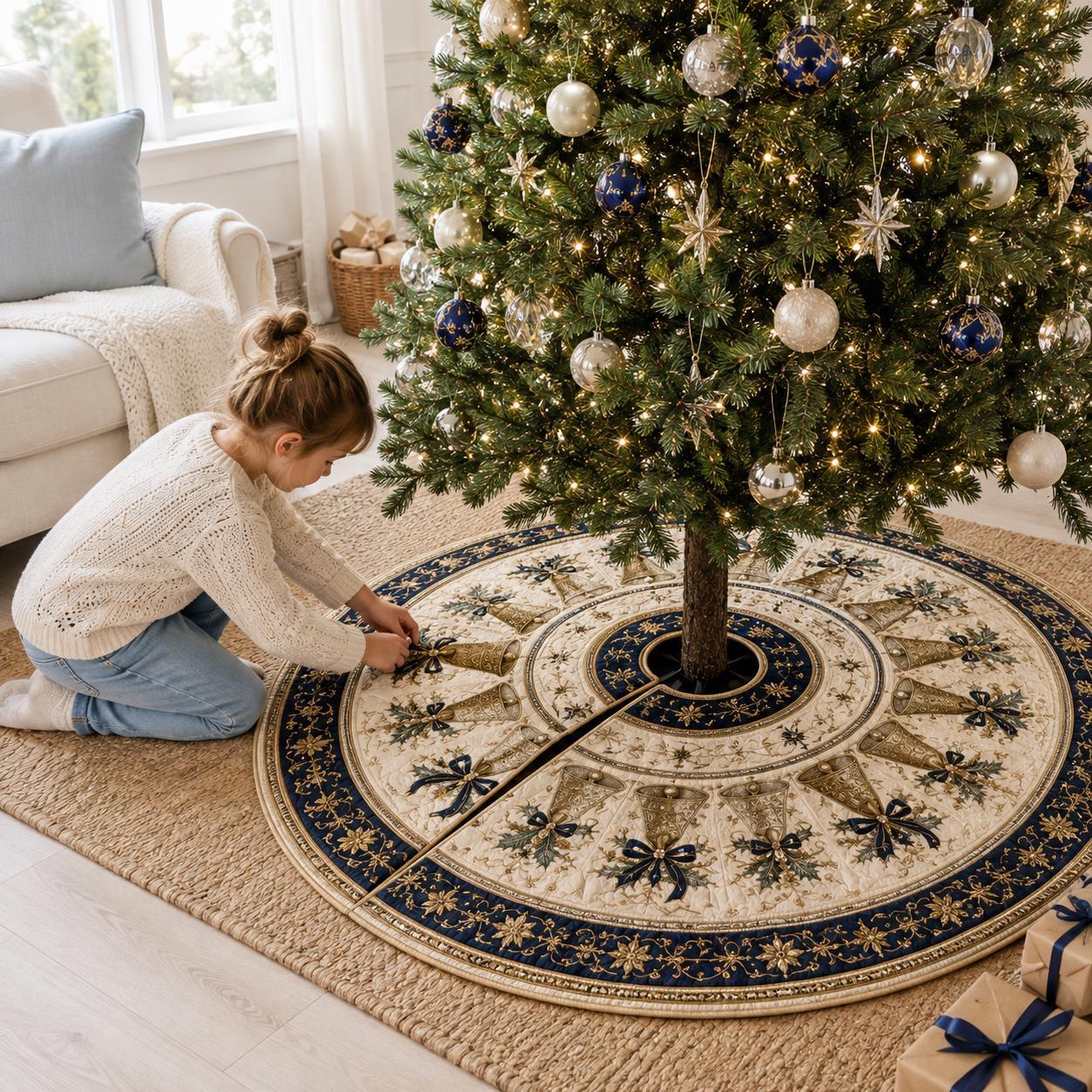Luxury Golden Bells Quilted Style Christmas Tree Skirt and Base Cover – Elegant Victorian Holiday Decor with Gold Poinsettia - photo 6