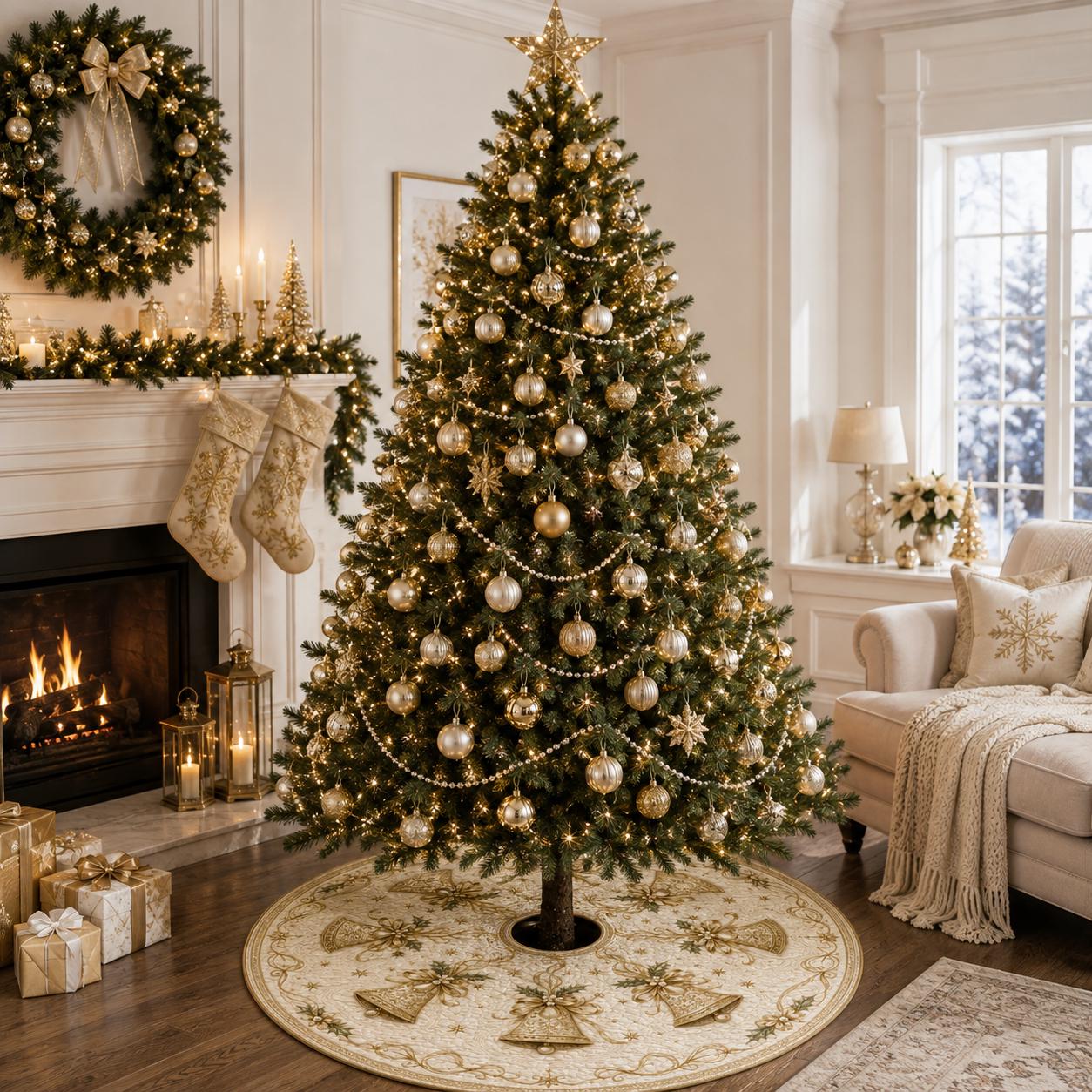 Luxury Golden Bells Quilted Style Christmas Tree Skirt and Base Cover – Elegant Victorian Holiday Decor with Gold Poinsettia - photo 7