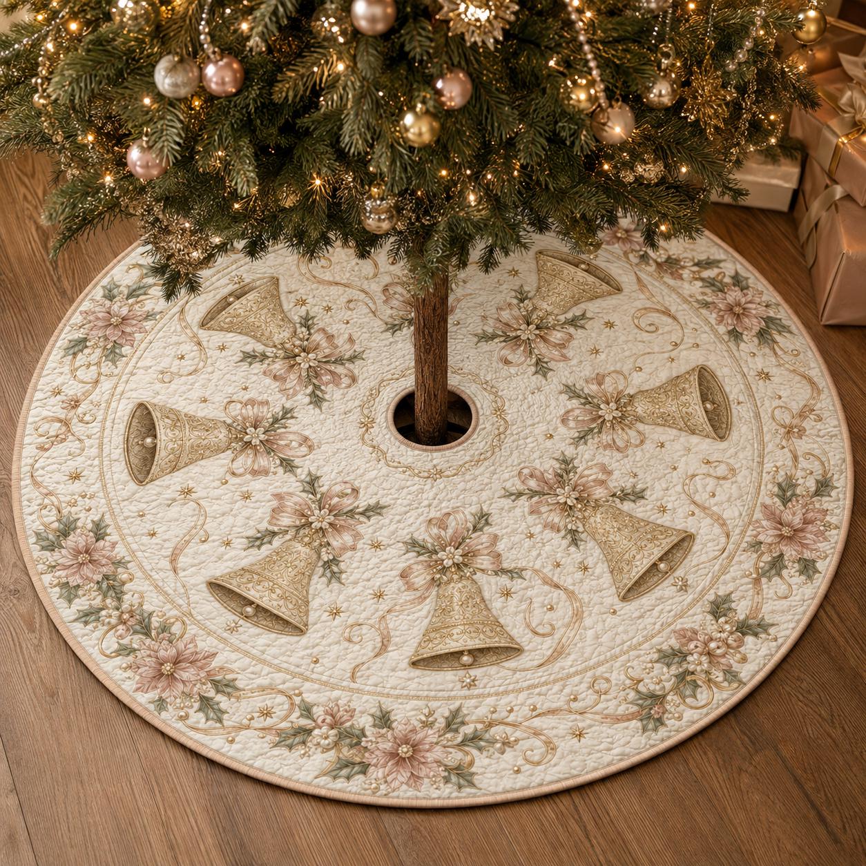 Luxury Golden Bells Quilted Style Christmas Tree Skirt and Base Cover – Elegant Victorian Holiday Decor with Gold Poinsettia - photo 8