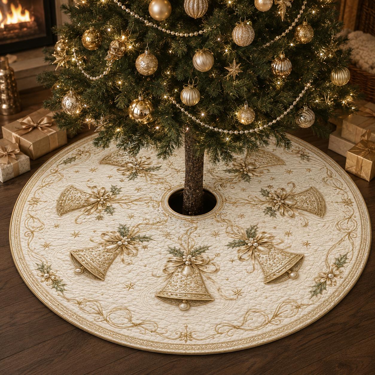 Luxury Golden Bells Quilted Style Christmas Tree Skirt and Base Cover – Elegant Victorian Holiday Decor with Gold Poinsettia - photo 9
