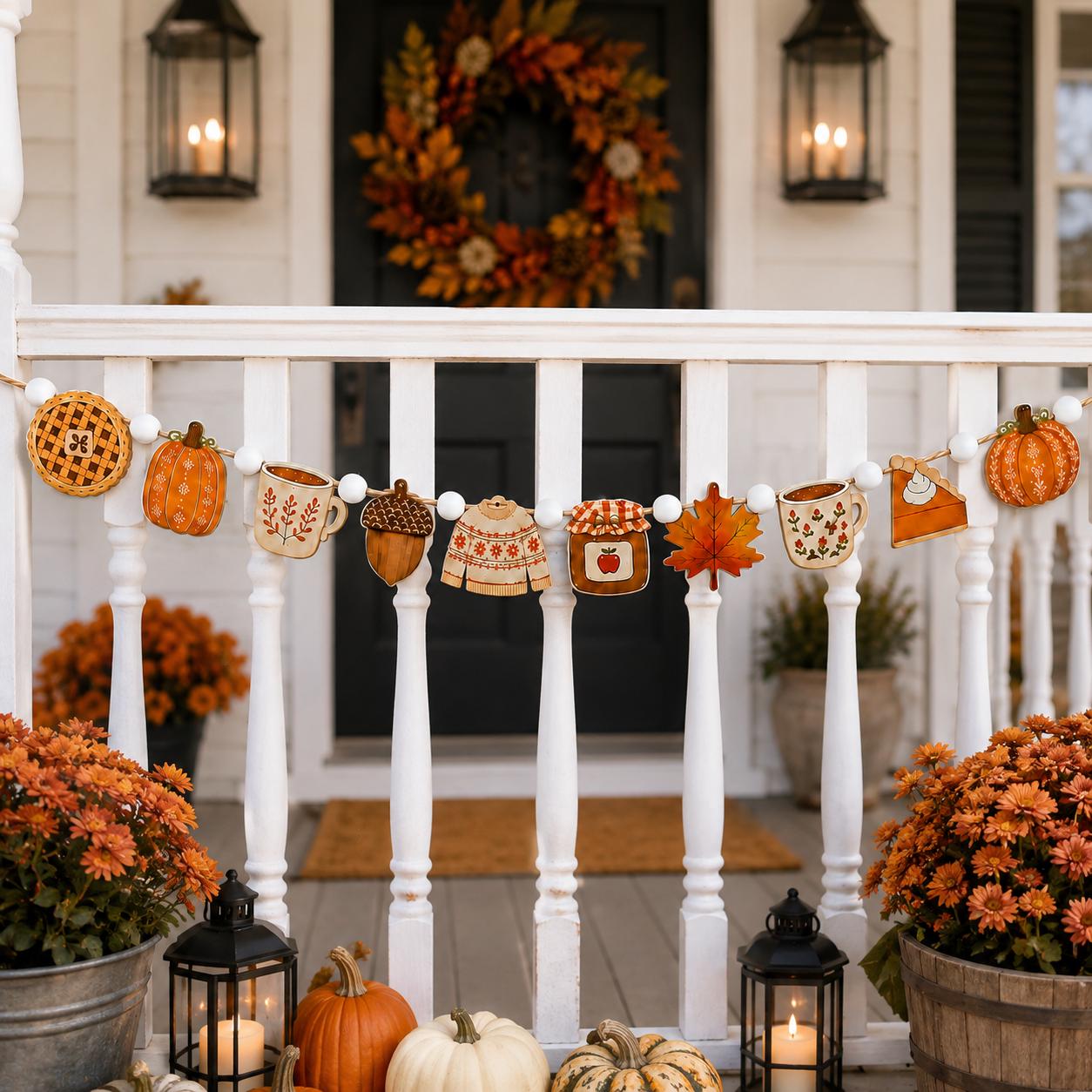 Wooden Fall Garland and Pumpkin Pie Sweater Banner – Rustic Autumn Farmhouse Hanging Decoration for Thanksgiving Window and Kitchen Decor