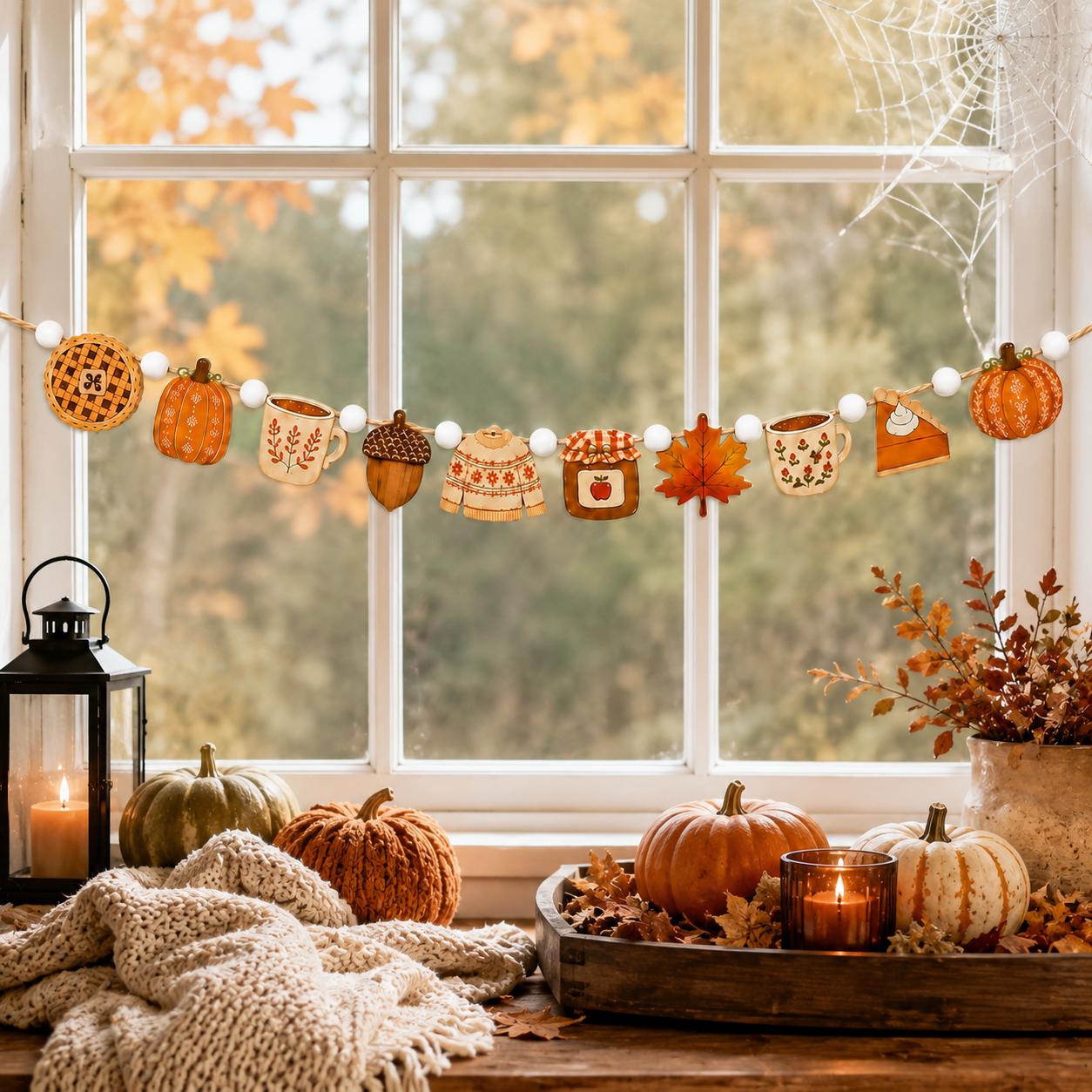 Wooden Fall Garland and Pumpkin Pie Sweater Banner – Rustic Autumn Farmhouse Hanging Decoration for Thanksgiving Window and Kitchen Decor - photo 2