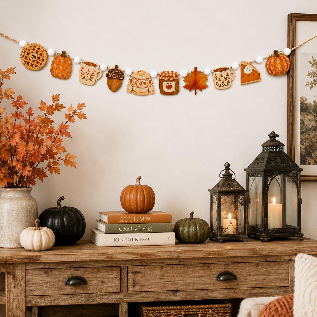 Wooden Fall Garland and Pumpkin Pie Sweater Banner – Rustic Autumn Farmhouse Hanging Decoration for Thanksgiving Window and Kitchen Decor - photo 5