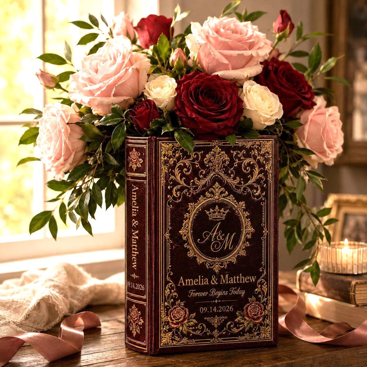 Personalized Vintage Ceramic Wedding Book Vase with Custom Couple Name, Burgundy Rose Bridal Shower Gift and Romantic Wedding Decor