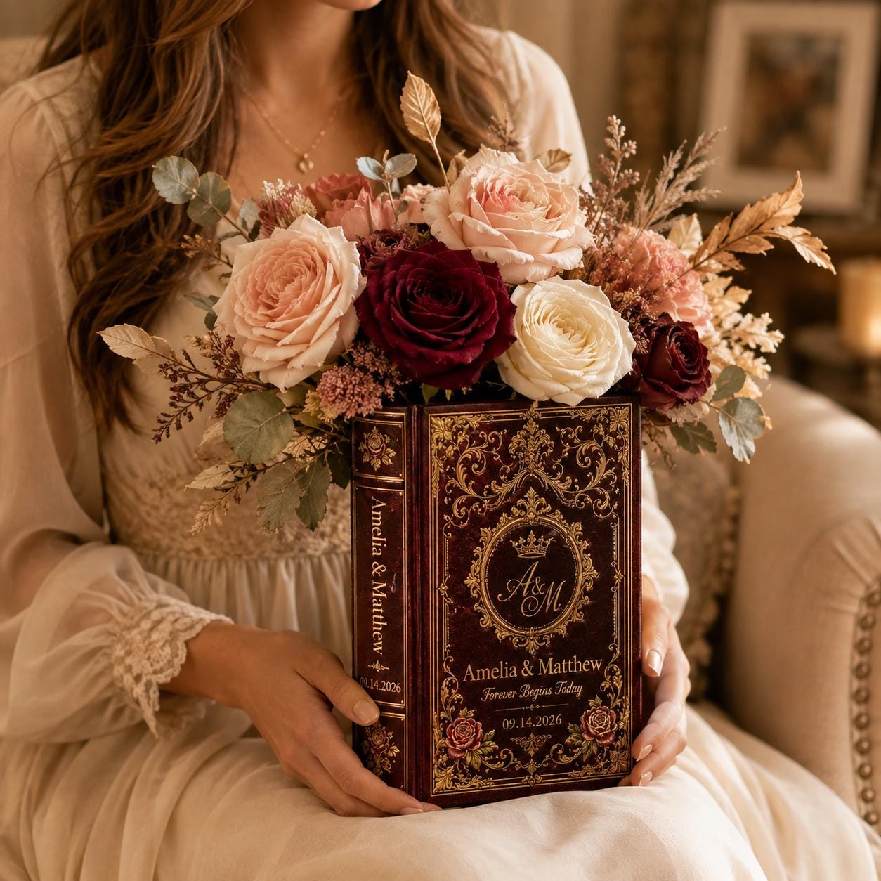 Personalized Vintage Ceramic Wedding Book Vase with Custom Couple Name, Burgundy Rose Bridal Shower Gift and Romantic Wedding Decor - photo 2
