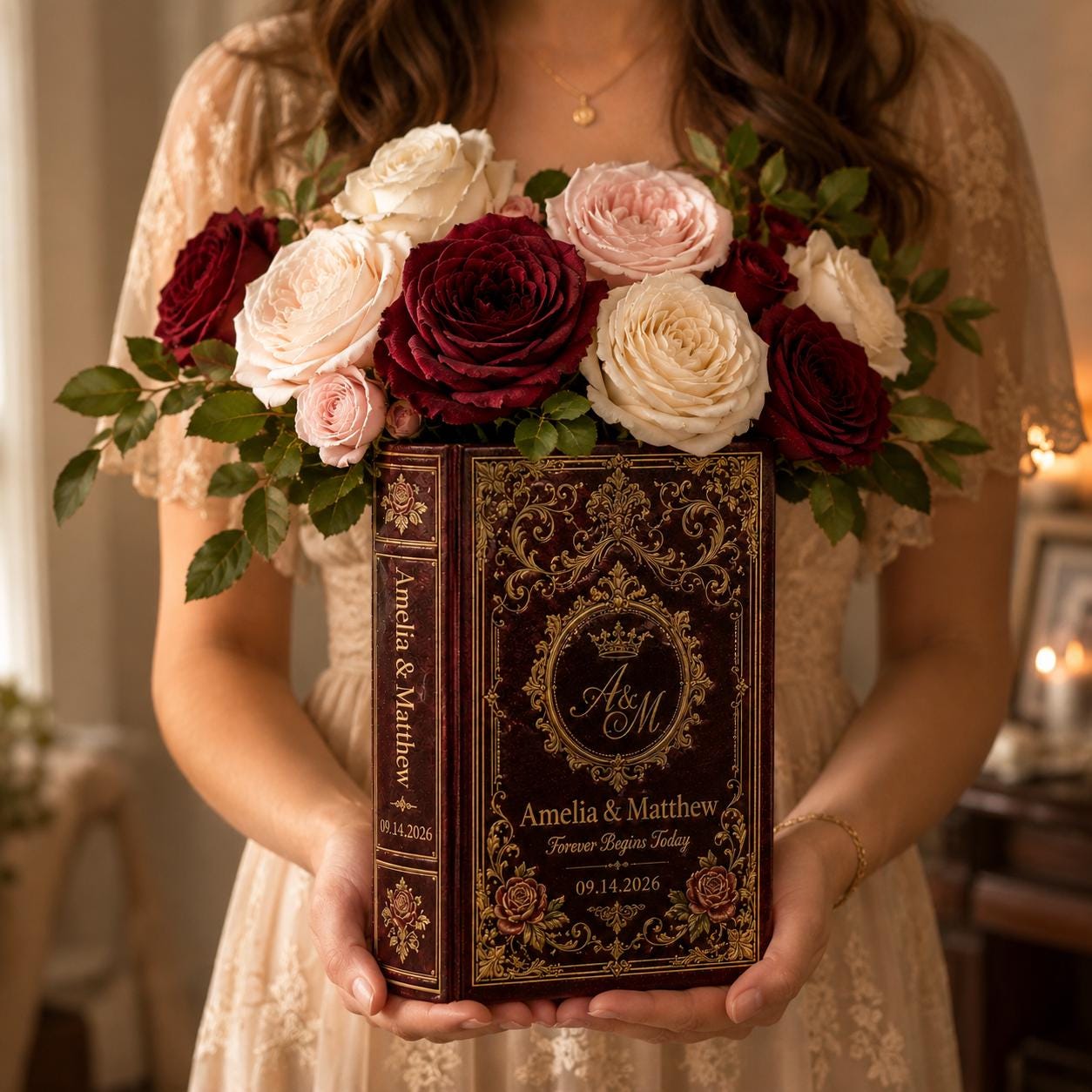 Personalized Vintage Ceramic Wedding Book Vase with Custom Couple Name, Burgundy Rose Bridal Shower Gift and Romantic Wedding Decor - photo 3