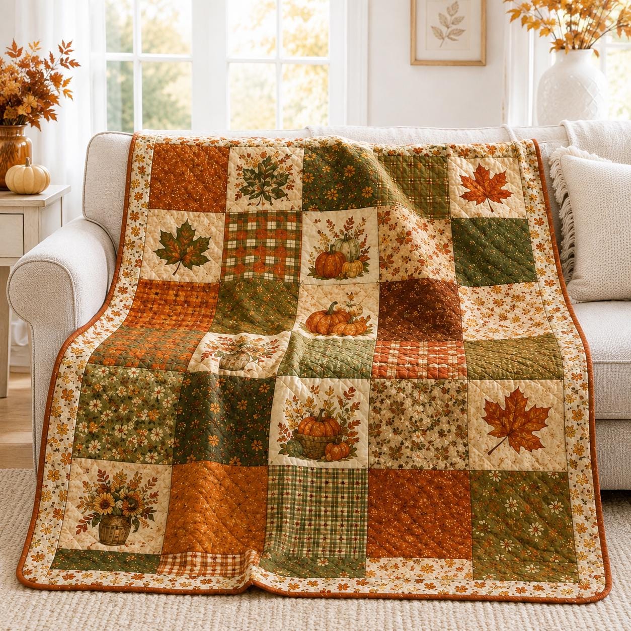 Autumn Patchwork Throw and Fall Style Blanket with Leaves and Pumpkins, Rustic Thanksgiving Home Decor