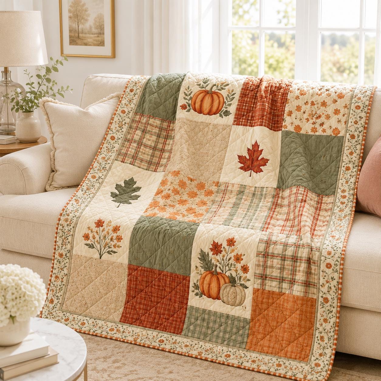 Autumn Patchwork Throw and Fall Style Blanket with Leaves and Pumpkins, Rustic Thanksgiving Home Decor - photo 2