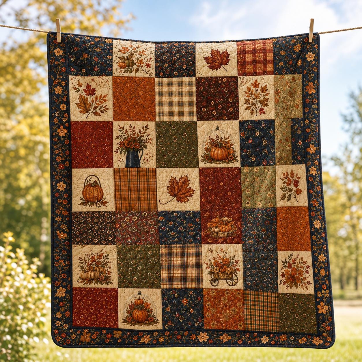 Autumn Patchwork Throw and Fall Style Blanket with Leaves and Pumpkins, Rustic Thanksgiving Home Decor - photo 6