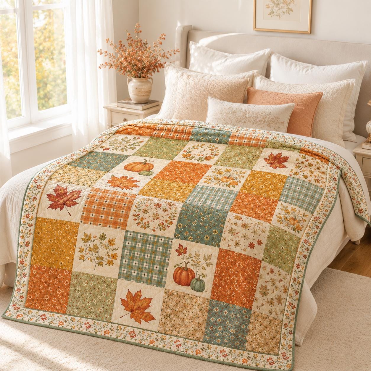 Autumn Patchwork Throw and Fall Style Blanket with Leaves and Pumpkins, Rustic Thanksgiving Home Decor - photo 7