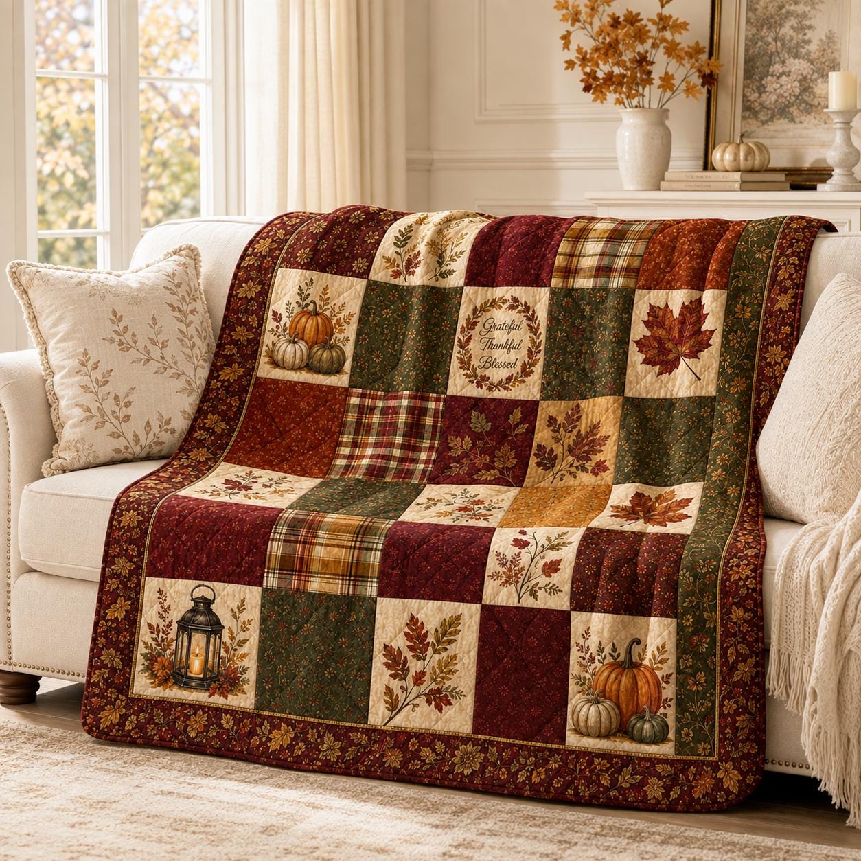 Autumn Patchwork Throw and Fall Style Blanket with Leaves and Pumpkins, Rustic Thanksgiving Home Decor - photo 8