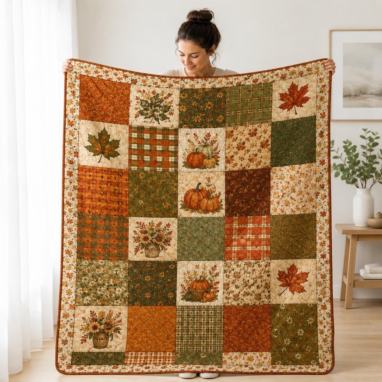 Autumn Patchwork Throw and Fall Style Blanket with Leaves and Pumpkins, Rustic Thanksgiving Home Decor - photo 9