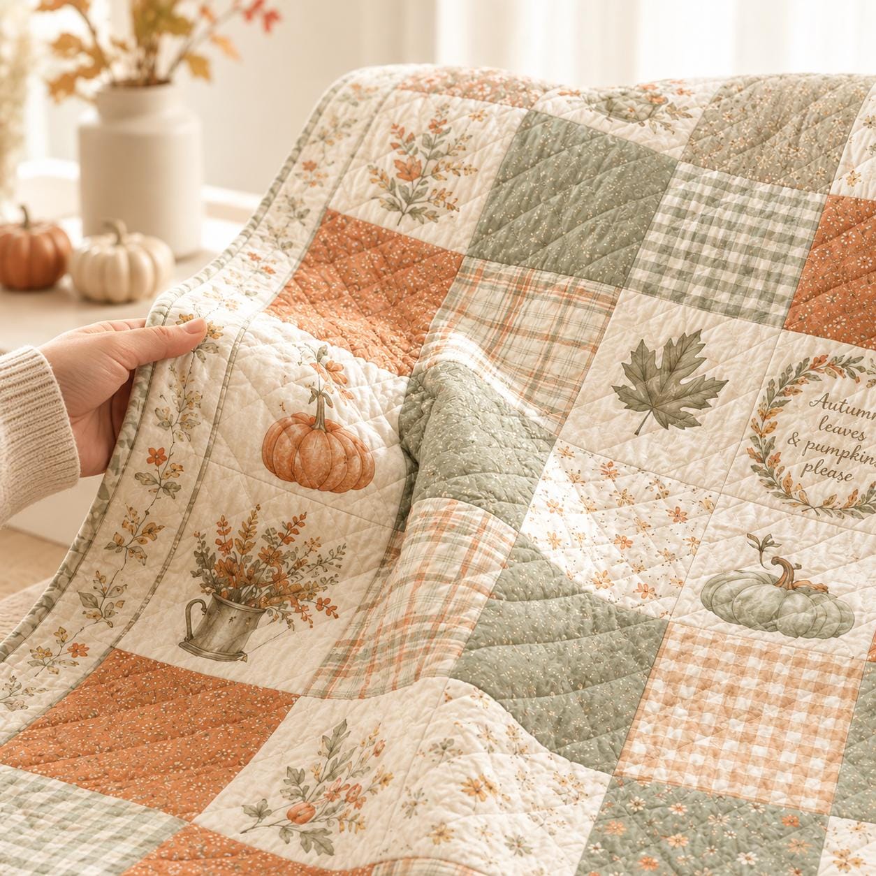 Autumn Patchwork Throw and Fall Style Blanket with Leaves and Pumpkins, Rustic Thanksgiving Home Decor - photo 10