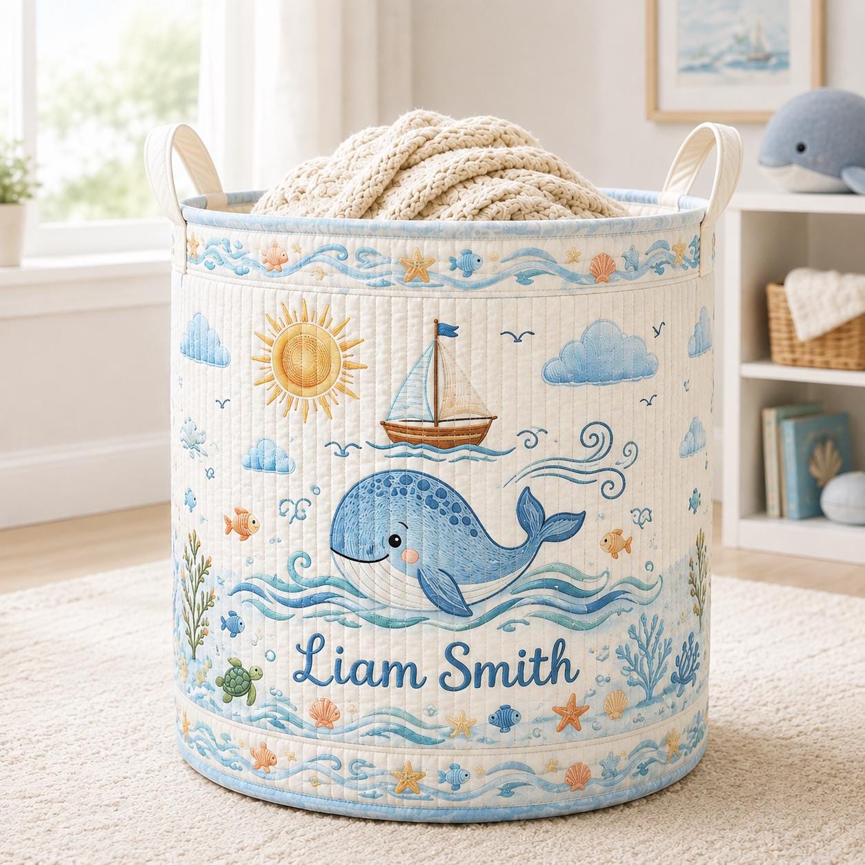 Personalized Ocean Whale Baby Style Laundry Basket, Nautical Nursery Hamper and Toy Storage with Custom Name for Baby Shower Gift