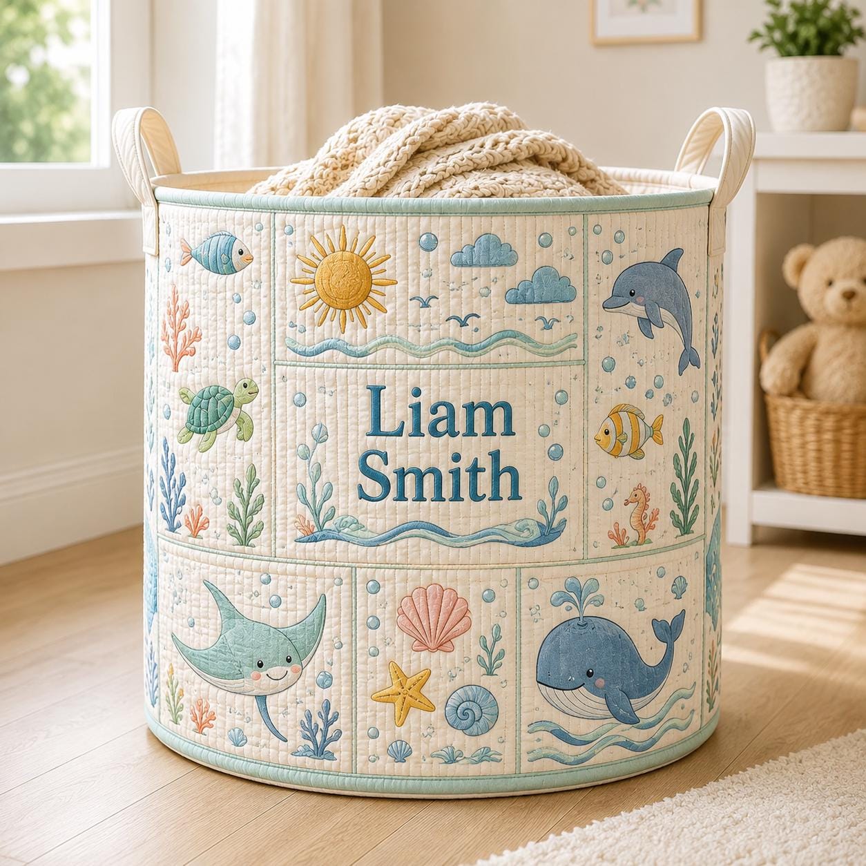 Personalized Ocean Whale Baby Style Laundry Basket, Nautical Nursery Hamper and Toy Storage with Custom Name for Baby Shower Gift - photo 2