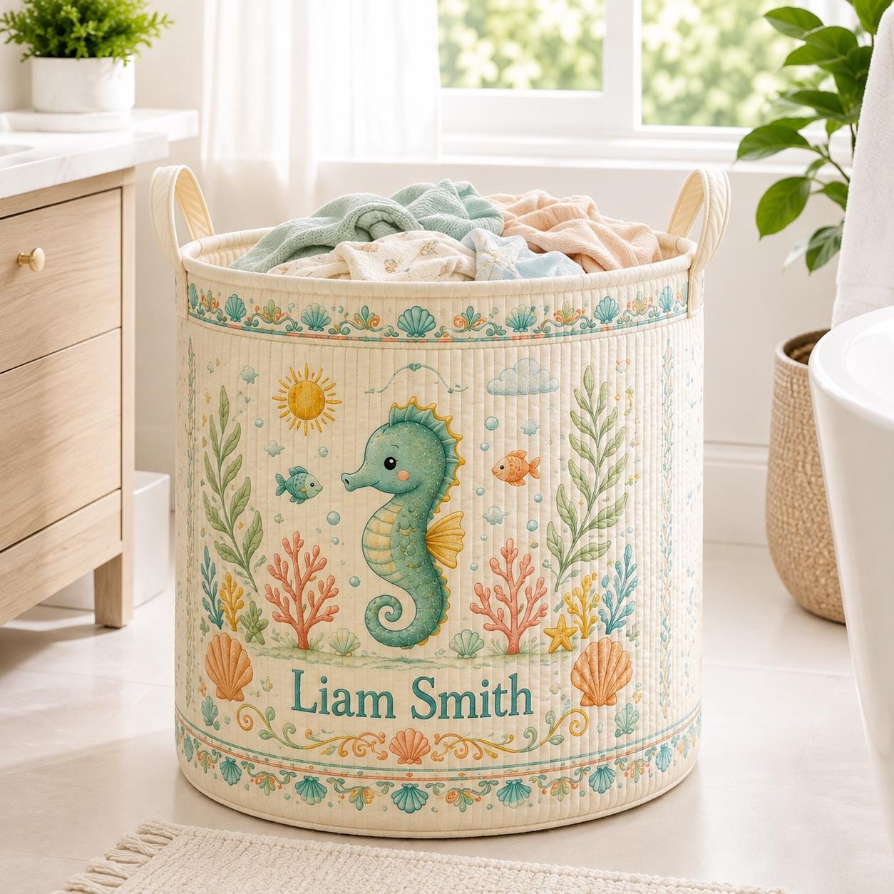 Personalized Ocean Whale Baby Style Laundry Basket, Nautical Nursery Hamper and Toy Storage with Custom Name for Baby Shower Gift - photo 3