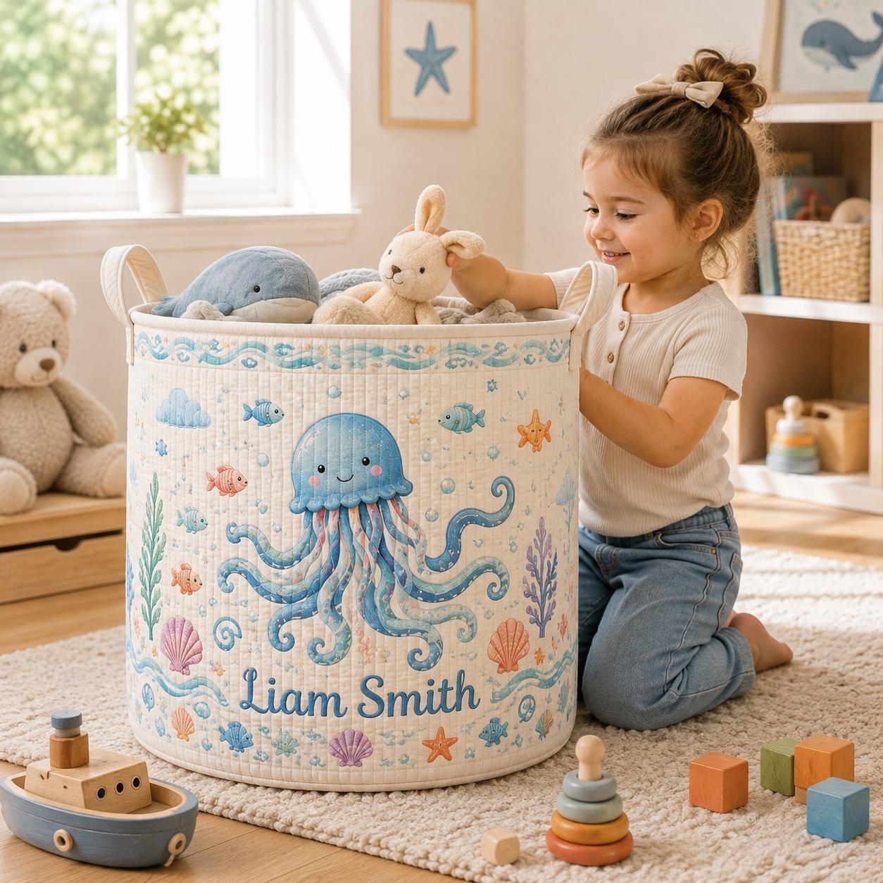 Personalized Ocean Whale Baby Style Laundry Basket, Nautical Nursery Hamper and Toy Storage with Custom Name for Baby Shower Gift - photo 4