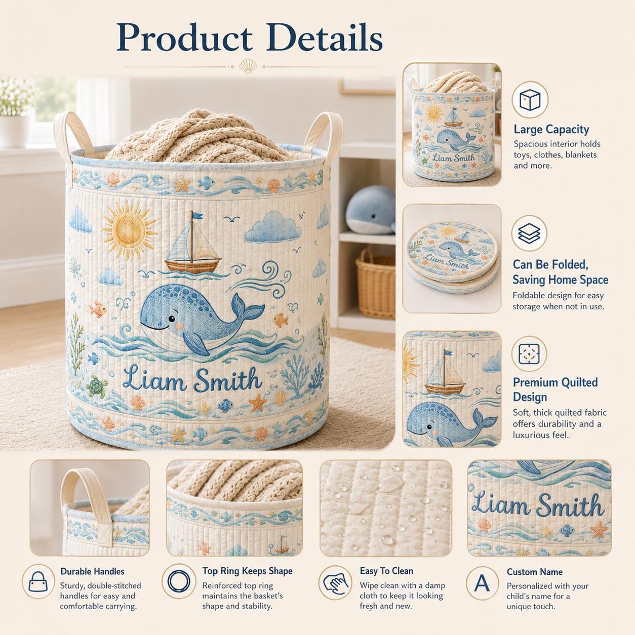 Personalized Ocean Whale Baby Style Laundry Basket, Nautical Nursery Hamper and Toy Storage with Custom Name for Baby Shower Gift - photo 7