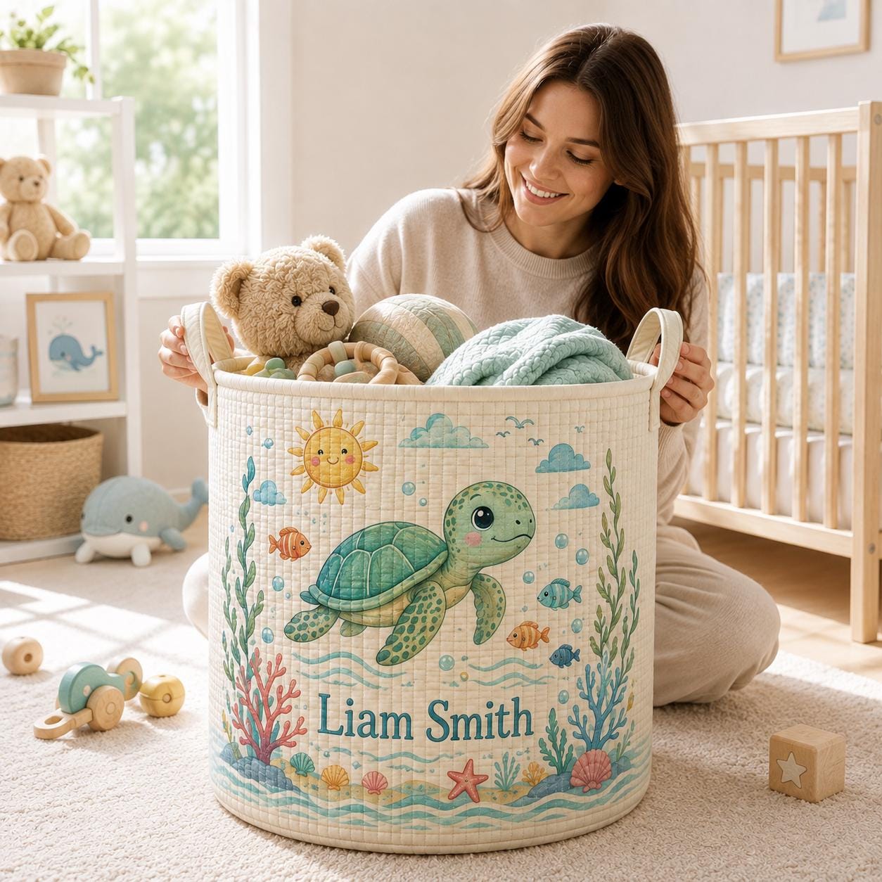 Personalized Ocean Whale Baby Style Laundry Basket, Nautical Nursery Hamper and Toy Storage with Custom Name for Baby Shower Gift - photo 8