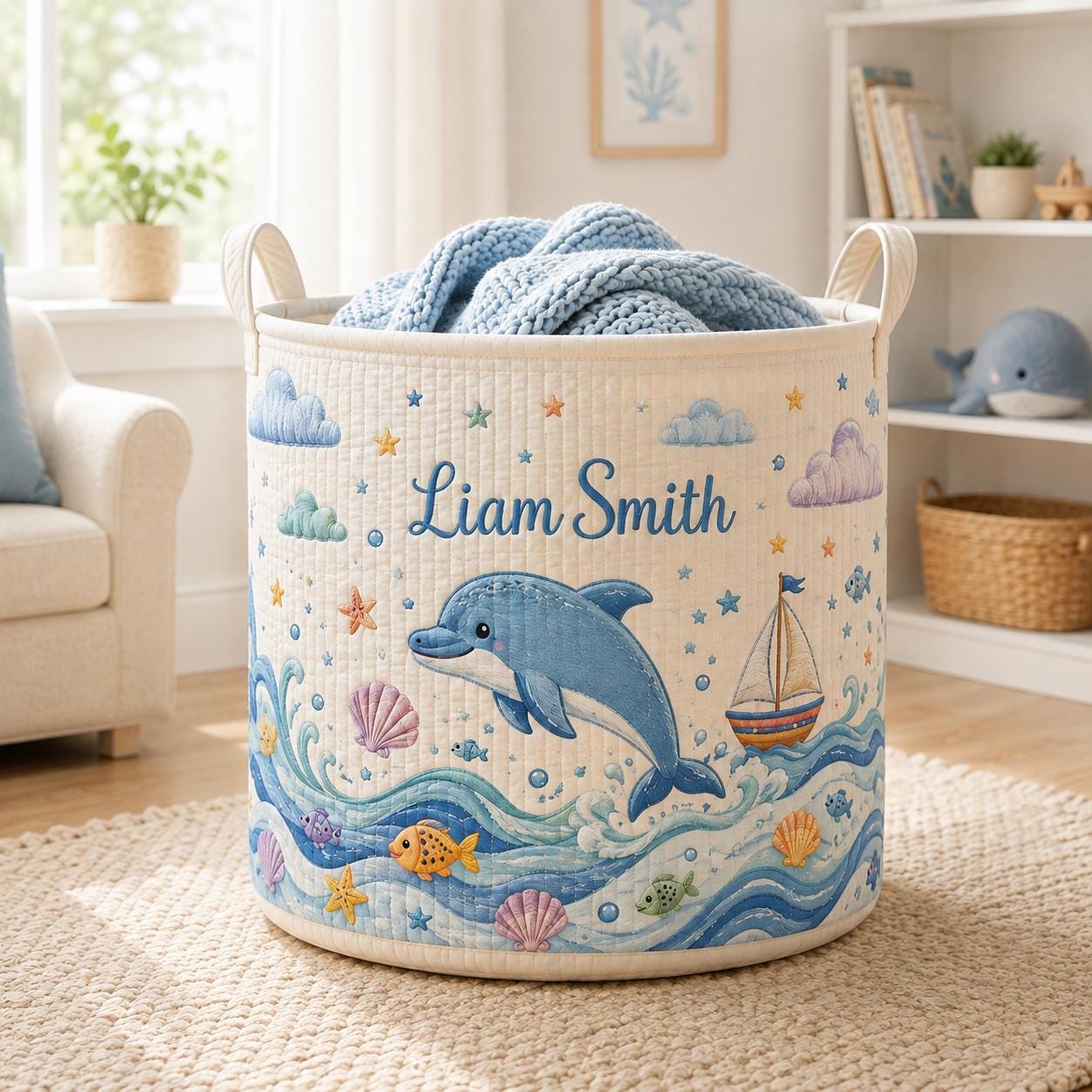 Personalized Ocean Whale Baby Style Laundry Basket, Nautical Nursery Hamper and Toy Storage with Custom Name for Baby Shower Gift - photo 9