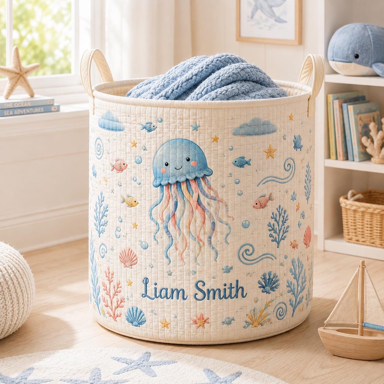 Personalized Ocean Whale Baby Style Laundry Basket, Nautical Nursery Hamper and Toy Storage with Custom Name for Baby Shower Gift - photo 10