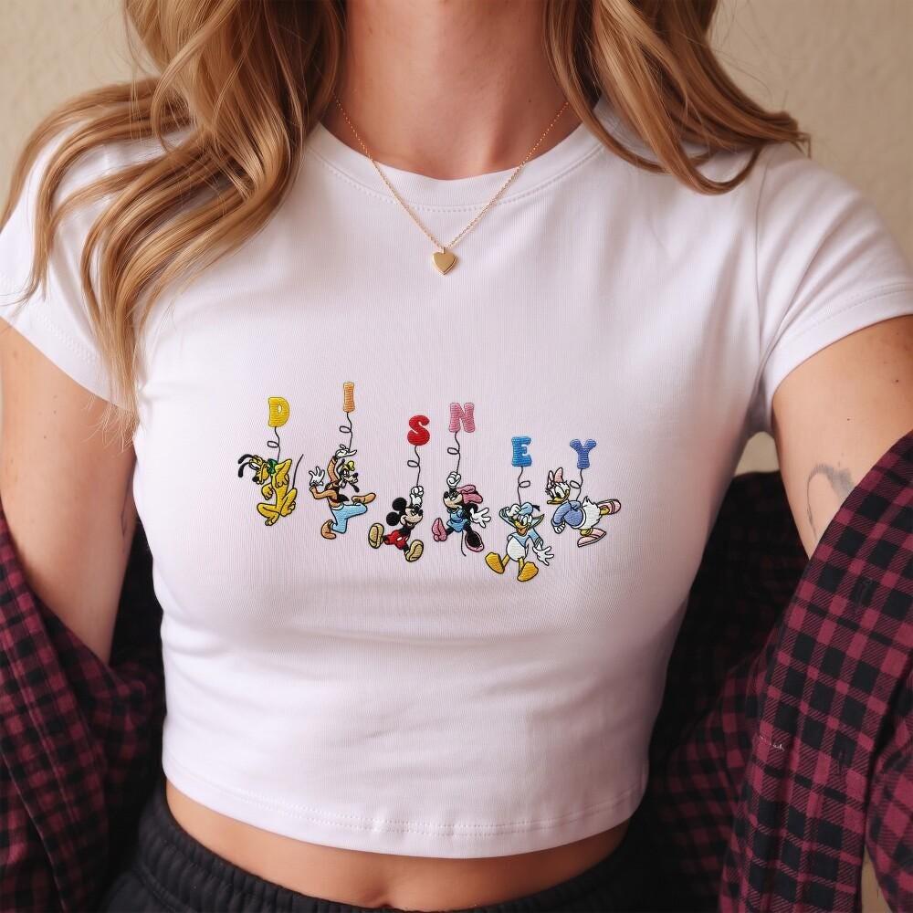 Embroidered Disney Mickey Mouse and Friends Baby Tee – Lace Trim Tank Top Girl Shirt for Disney Family Vacation Gift
