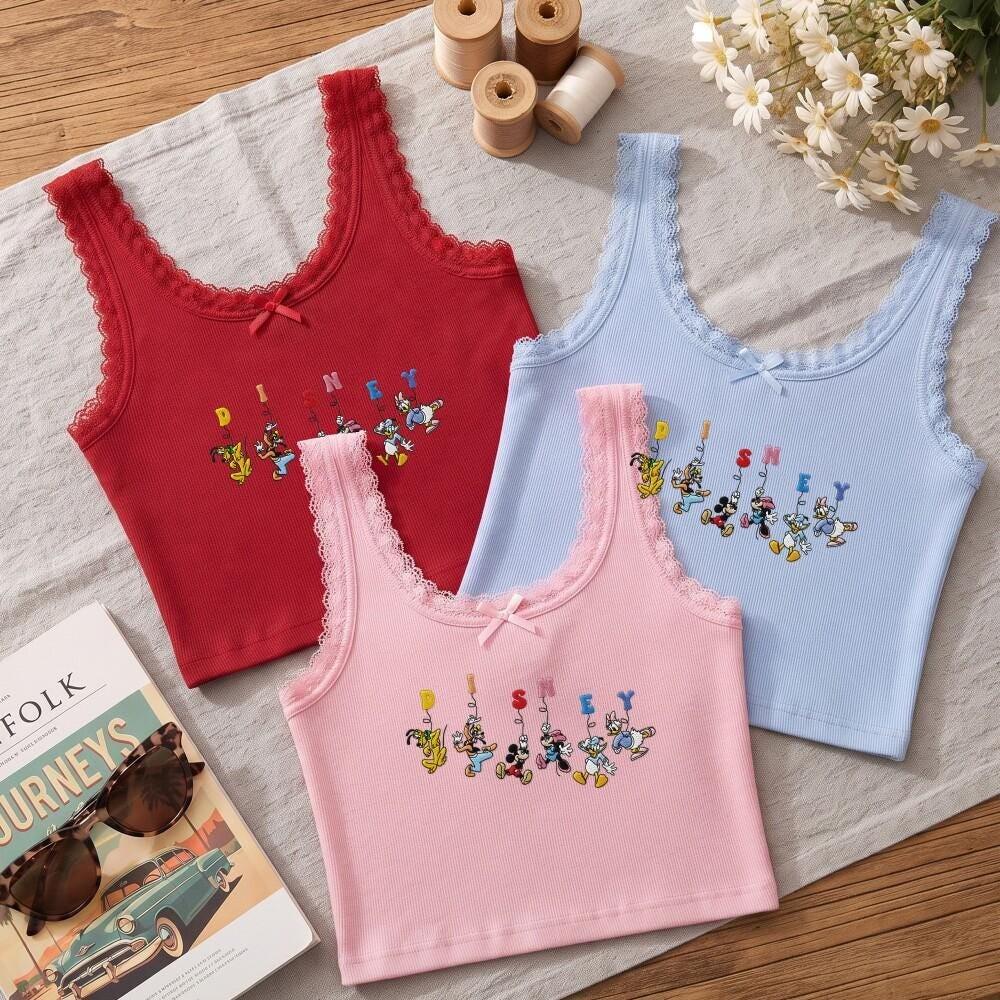Embroidered Disney Mickey Mouse and Friends Baby Tee – Lace Trim Tank Top Girl Shirt for Disney Family Vacation Gift - photo 8