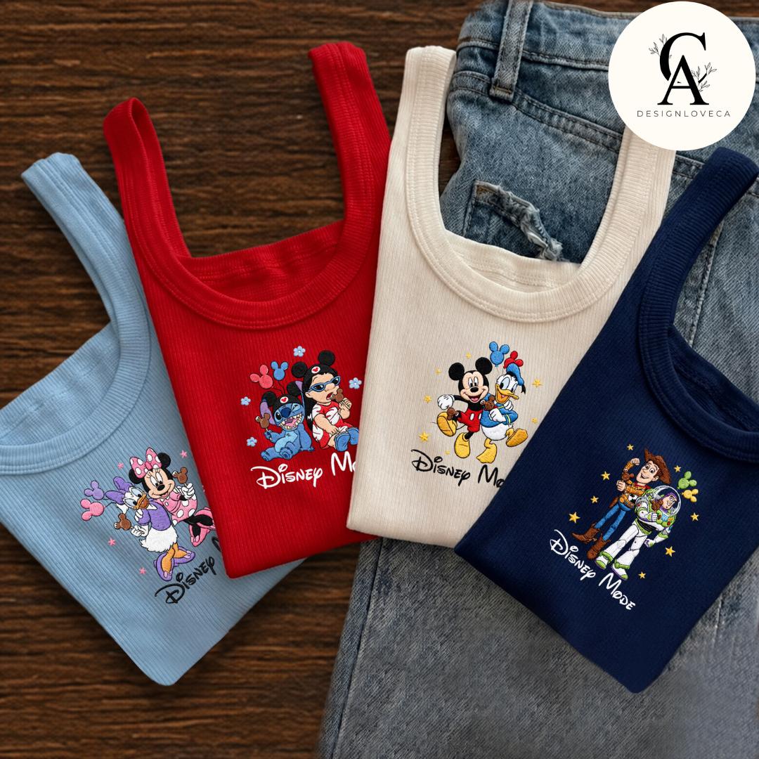 Embroidered Disney Besties Snack Baby Tee Crop Tank With Mickey Minnie Lilo Stitch Buzz Woody – Here for the Snacks Lace Trim Tank Top