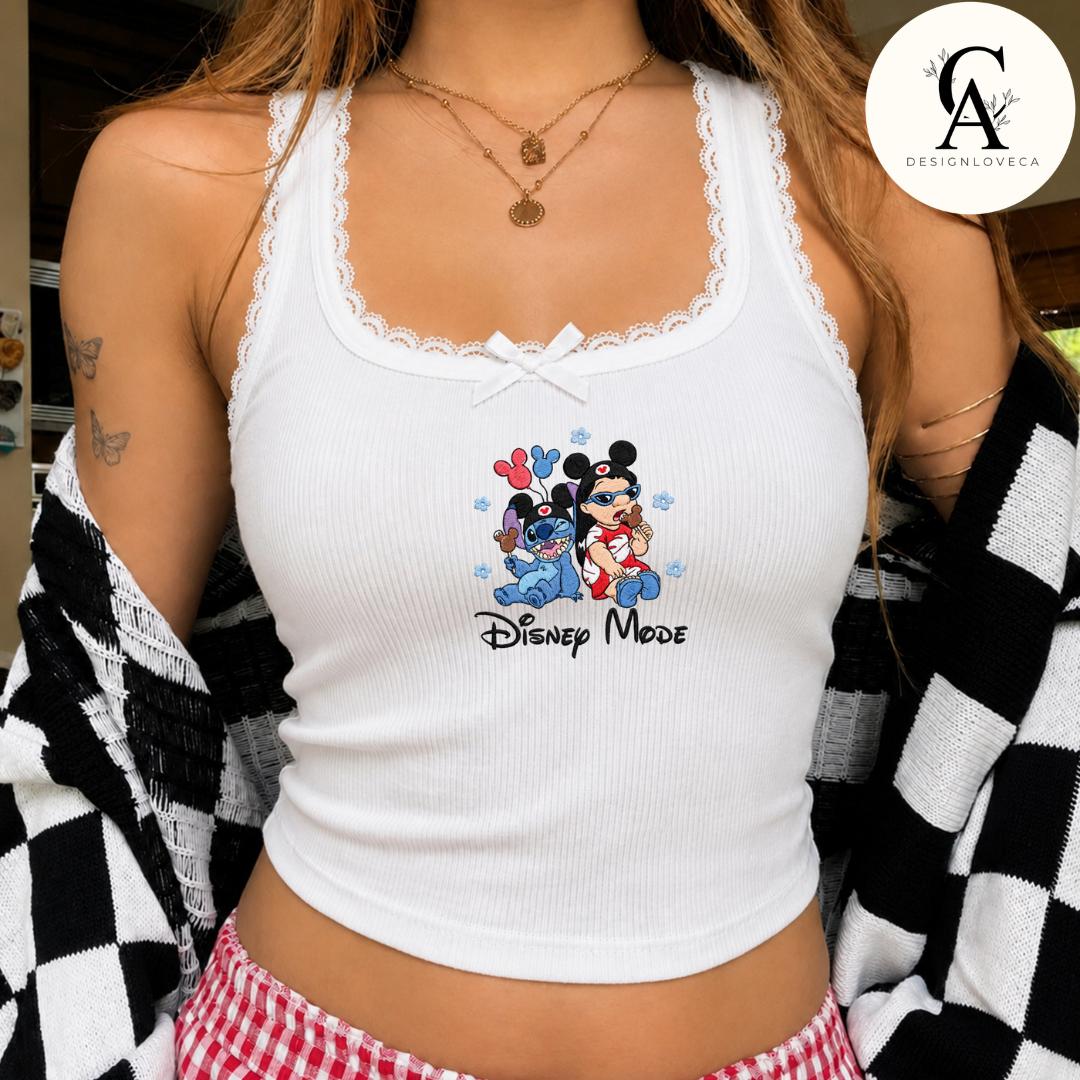 Embroidered Disney Besties Snack Baby Tee Crop Tank With Mickey Minnie Lilo Stitch Buzz Woody – Here for the Snacks Lace Trim Tank Top - photo 2