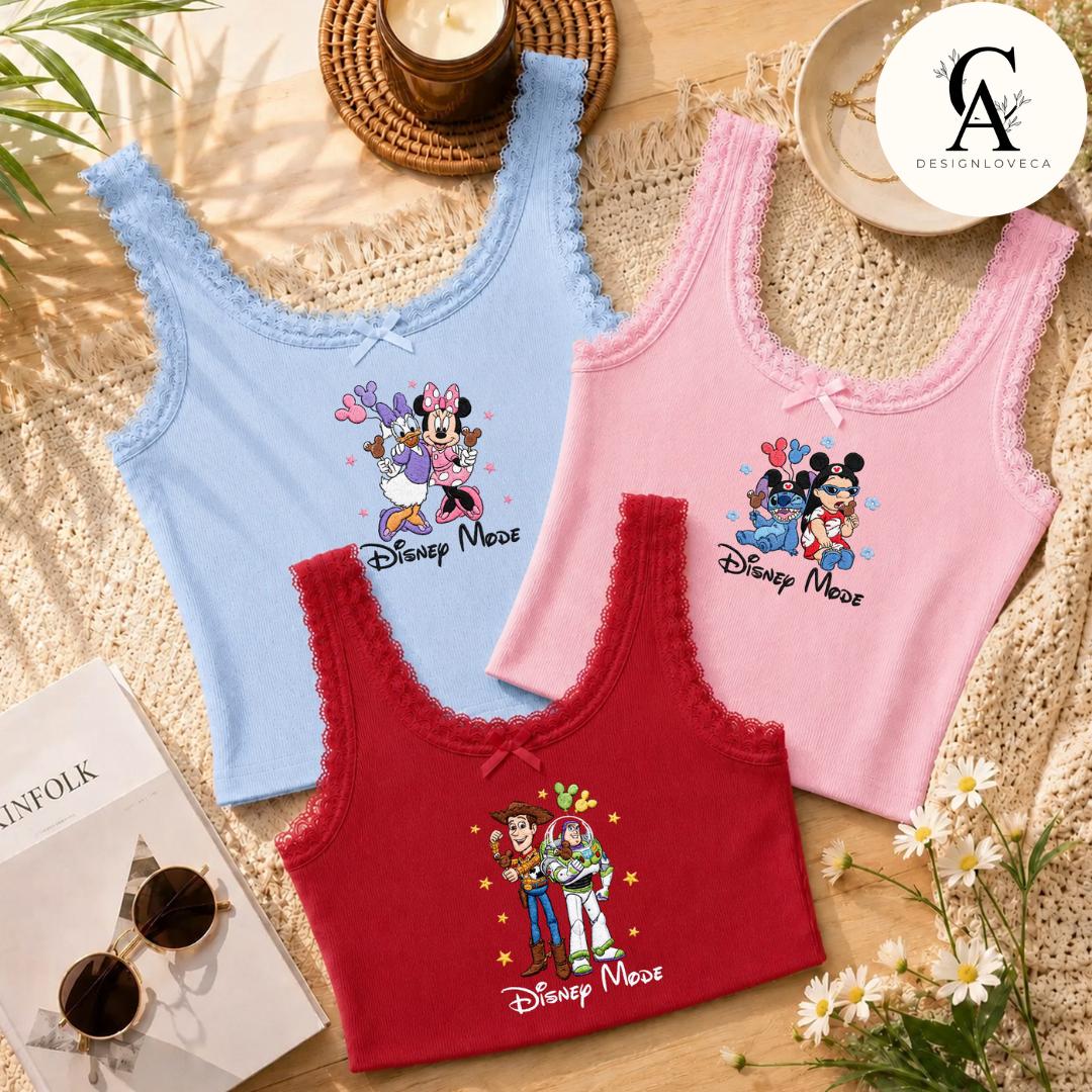 Embroidered Disney Besties Snack Baby Tee Crop Tank With Mickey Minnie Lilo Stitch Buzz Woody – Here for the Snacks Lace Trim Tank Top - photo 3