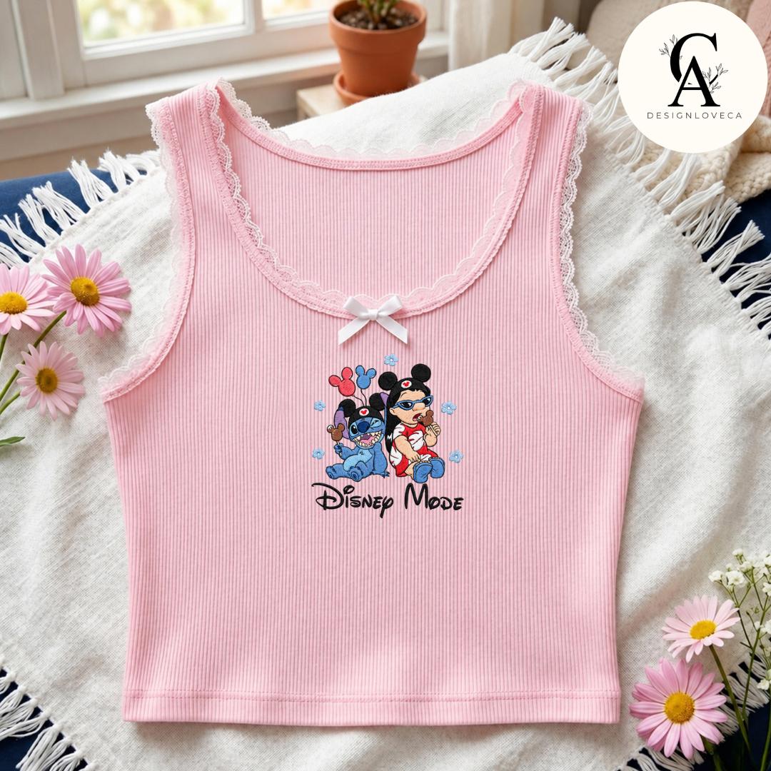 Embroidered Disney Besties Snack Baby Tee Crop Tank With Mickey Minnie Lilo Stitch Buzz Woody – Here for the Snacks Lace Trim Tank Top - photo 6