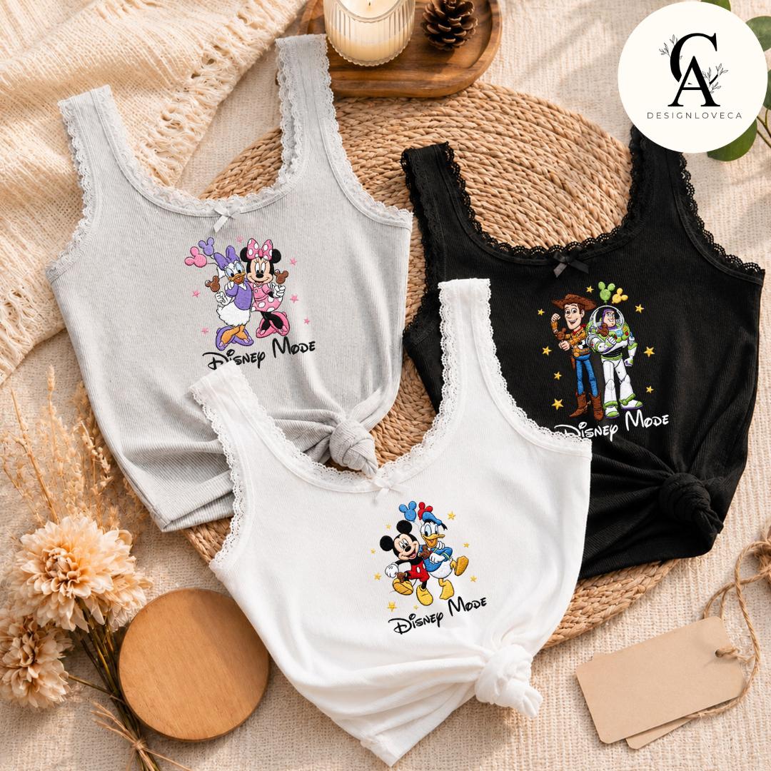 Embroidered Disney Besties Snack Baby Tee Crop Tank With Mickey Minnie Lilo Stitch Buzz Woody – Here for the Snacks Lace Trim Tank Top - photo 7