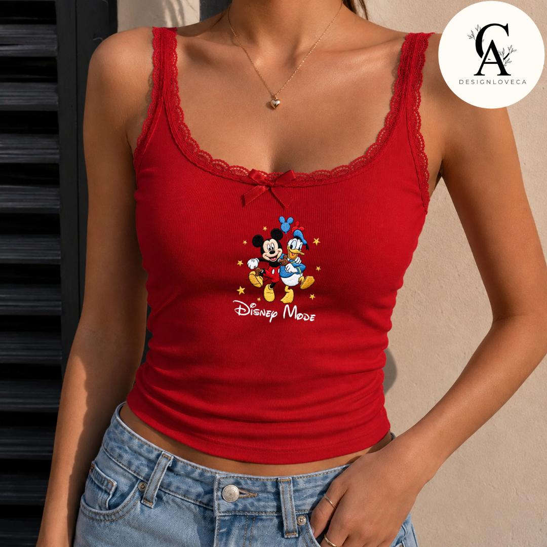 Embroidered Disney Besties Snack Baby Tee Crop Tank With Mickey Minnie Lilo Stitch Buzz Woody – Here for the Snacks Lace Trim Tank Top - photo 8