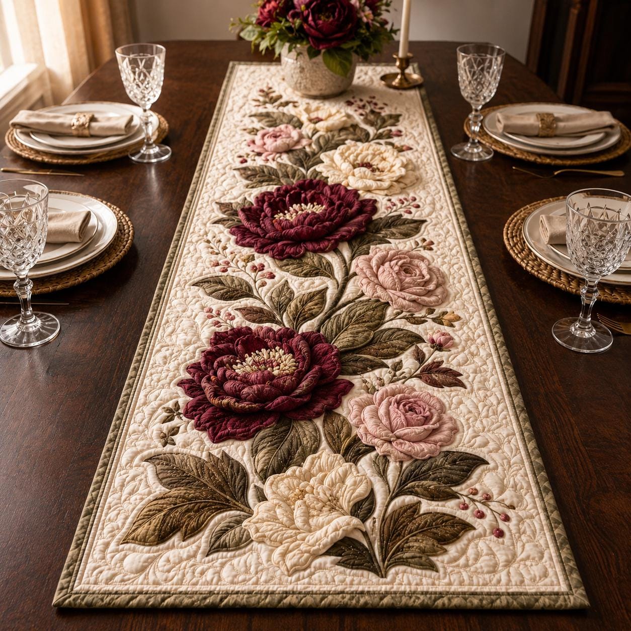 Autumn Floral Dahlia Style Table Runner, Fall Dining Table Decor and Thanksgiving Table Centerpiece