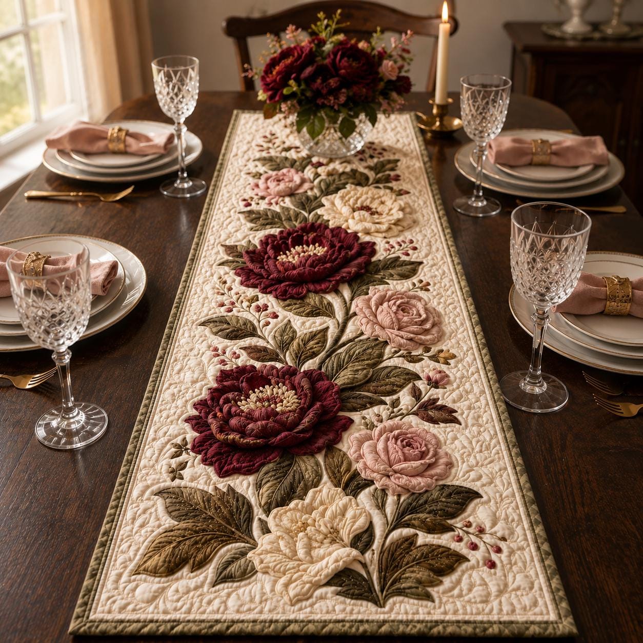 Autumn Floral Dahlia Style Table Runner, Fall Dining Table Decor and Thanksgiving Table Centerpiece - photo 2