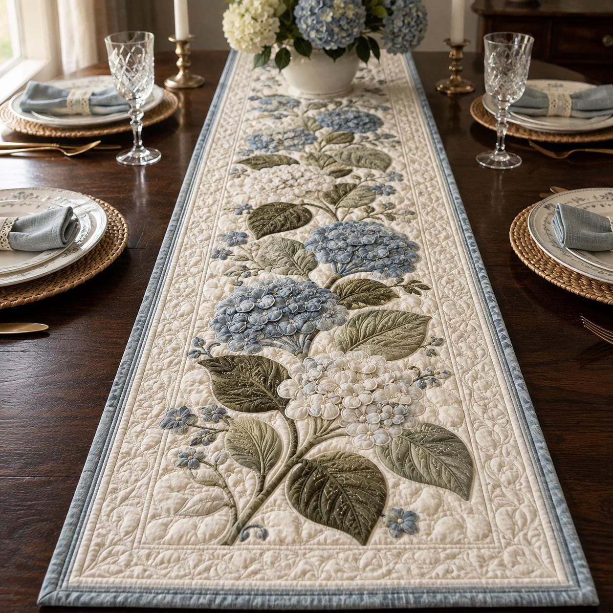 Elegant Blue Hydrangea French Country Floral Style Table Runner, Cottage Home Gift and Dining Table Decor