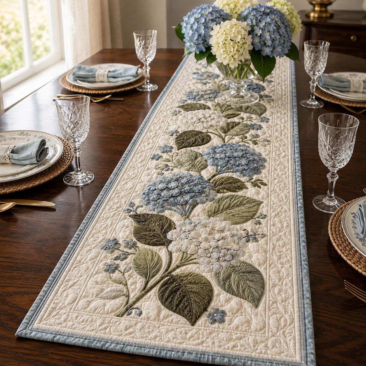 Elegant Blue Hydrangea French Country Floral Style Table Runner, Cottage Home Gift and Dining Table Decor - photo 2