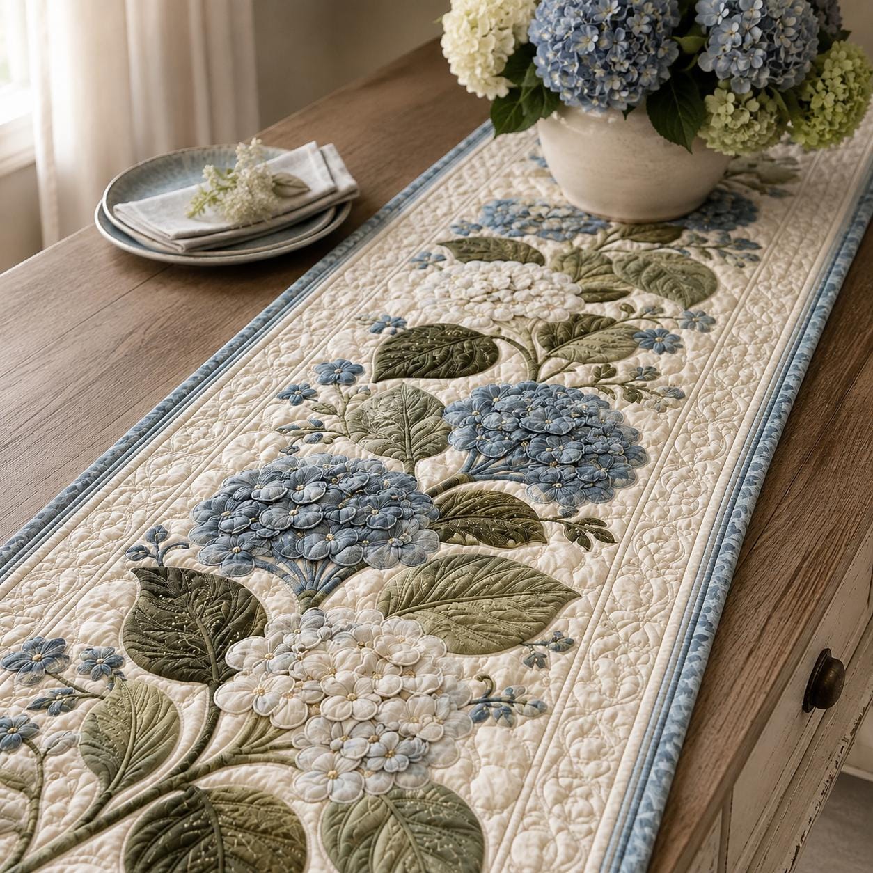 Elegant Blue Hydrangea French Country Floral Style Table Runner, Cottage Home Gift and Dining Table Decor - photo 3